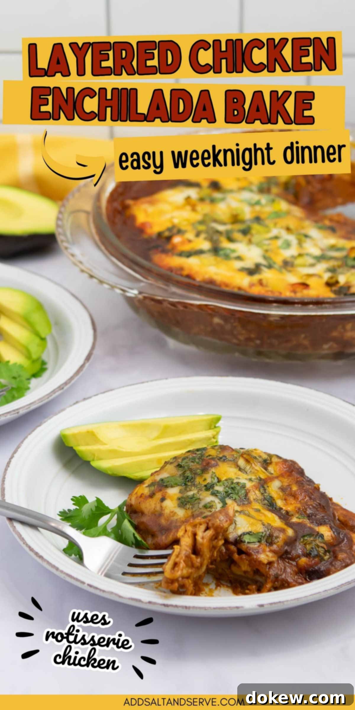 Simple Stacked Chicken Enchilada Casserole 8 A vertical, visually appealing image of a plated chicken enchilada bake, beautifully garnished and ready to be served.