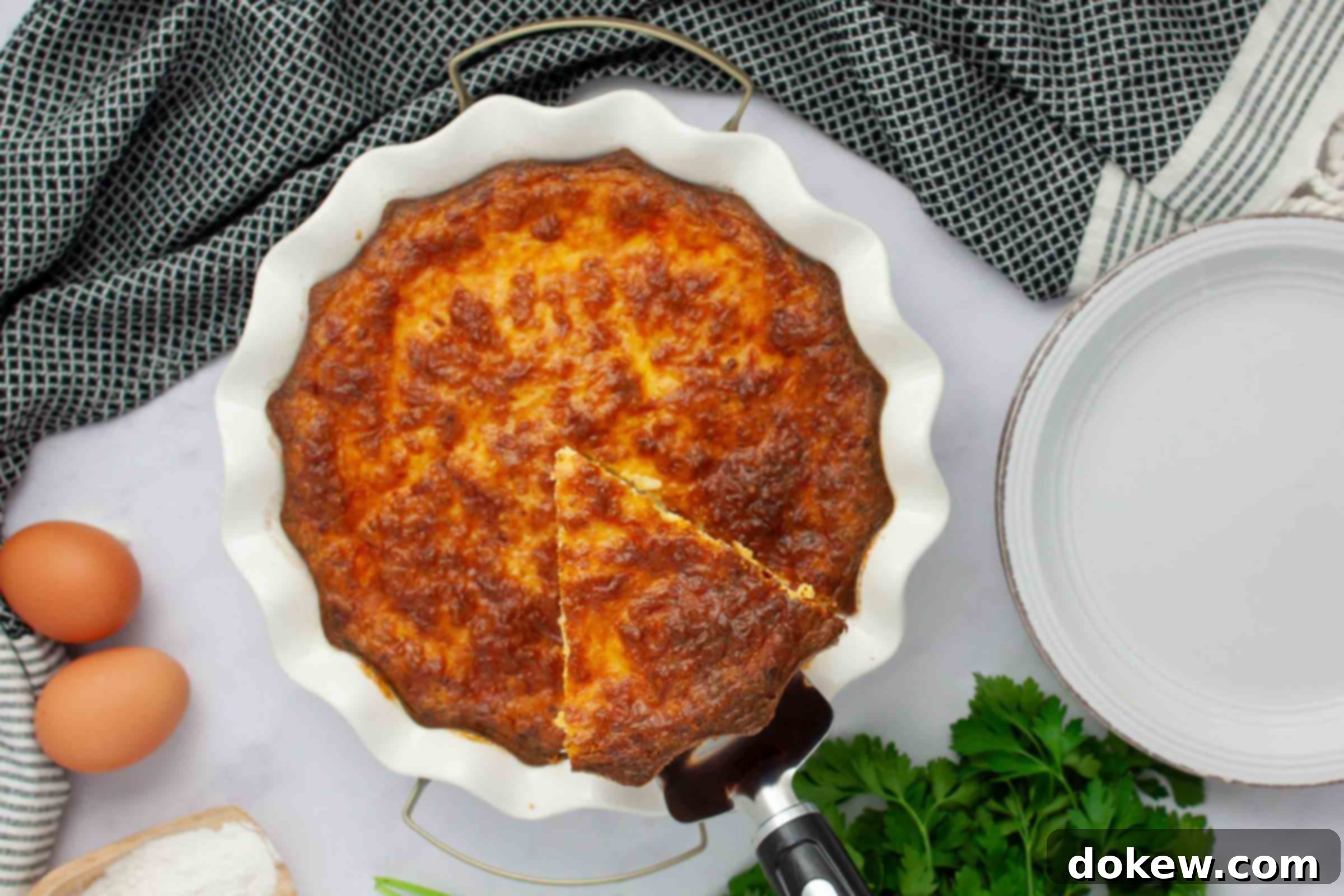 Protein-Rich Crustless Cottage Cheese Bake 2 Overhead view of a slice of crustless quiche being lifted out of a pie plate.
