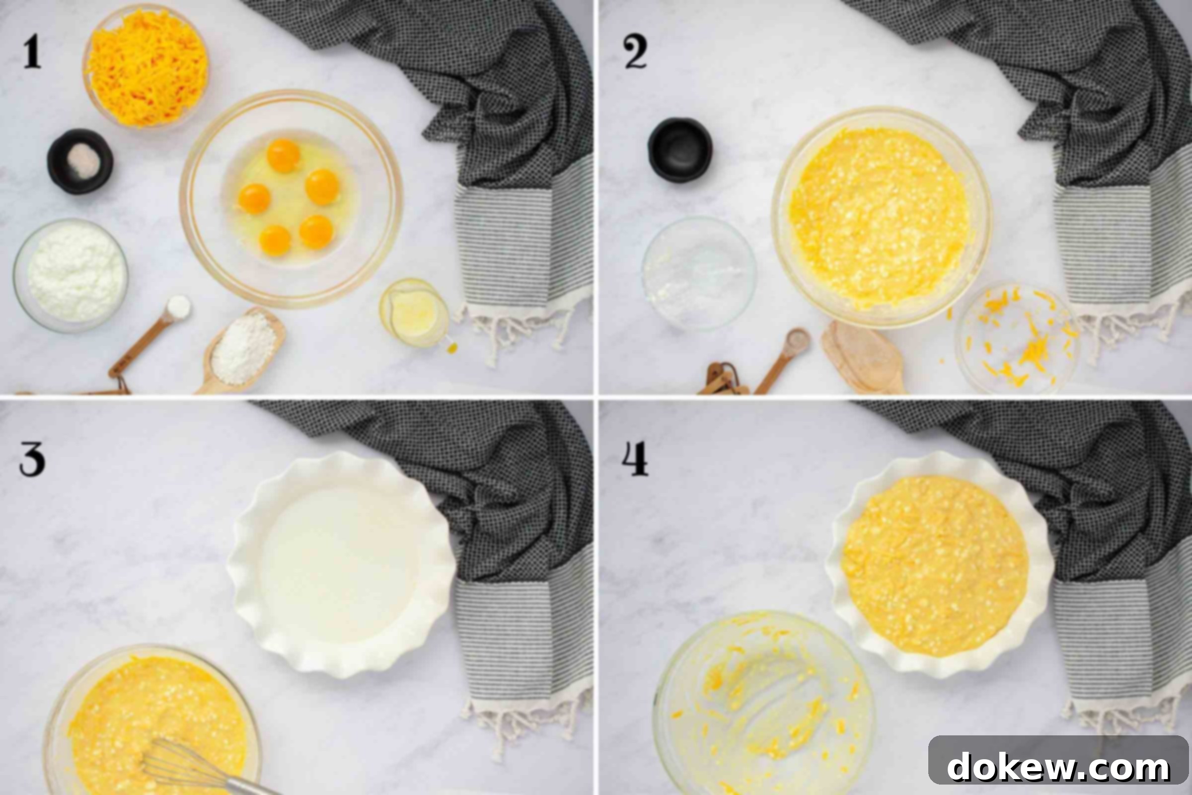 Protein-Rich Crustless Cottage Cheese Bake 4 Composite photo: 1- Ingredients to make quiche on a counter: eggs, shredded cheddar cheese, cottage cheese, baking powder, salt, flour, and butter.; 2- all ingredients mixed in a bowl; 3- ingredients in the bowl beside a pie plate sprayed with non-stick spray; 4- ingredients poured into the prepared pie plate.