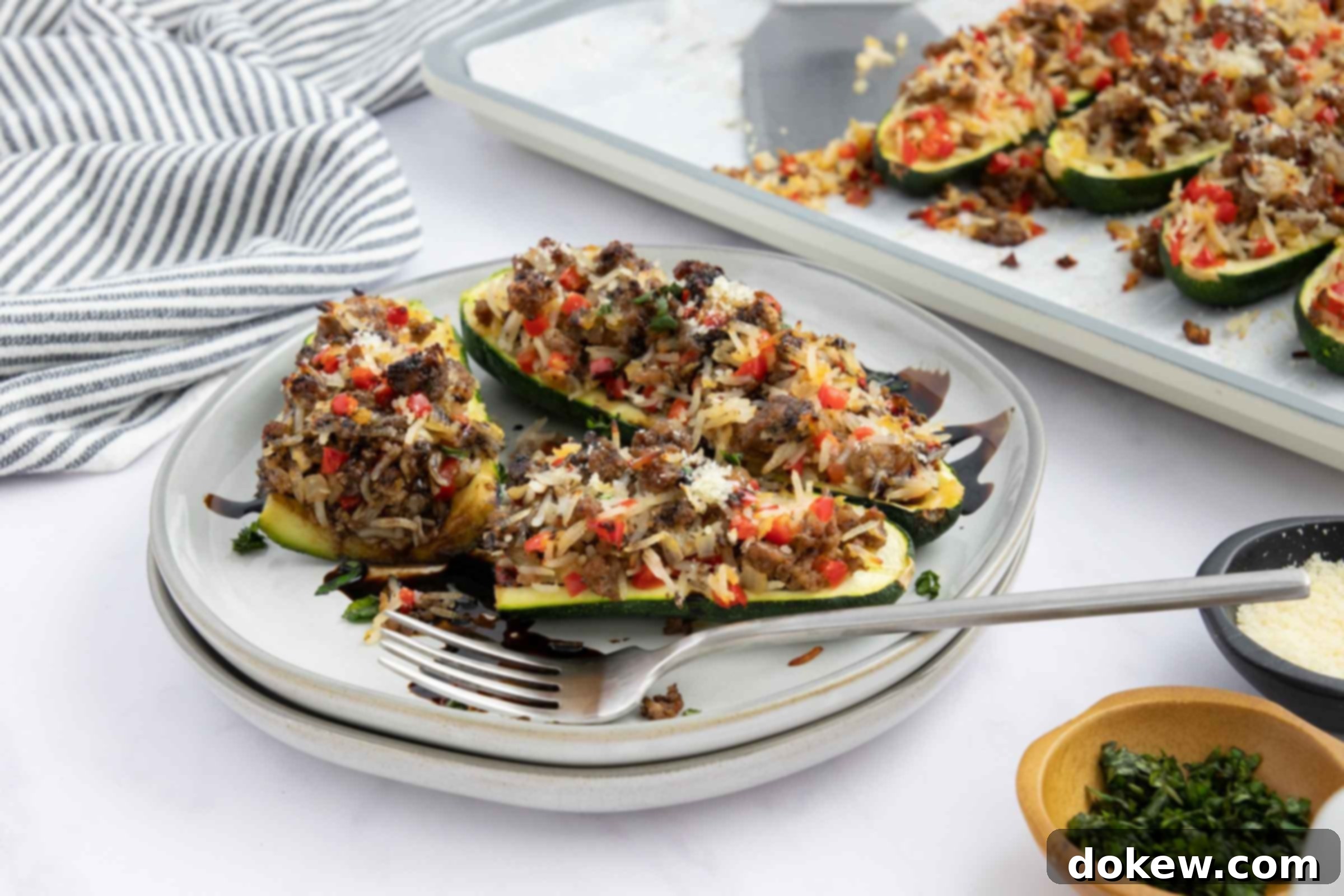 Zucchini Boats Bursting with Beef and Rice 2 Baked zucchini stuffed with a rice, ground beef, and vegetable mixture drizzled with balsamic glaze on a plate next to a baking sheet lined with parchment paper with more zucchini.