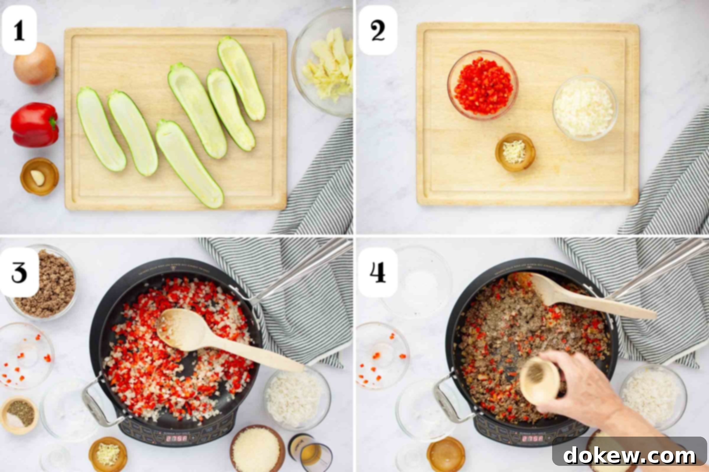 Zucchini Boats Bursting with Beef and Rice 4 Composite image: 1 - zucchini on a cutting board in the process of being hollowed out; 2- chopped red bell pepper, onion, and garlic in bowls; 3- pan with chopped red bell pepper and onion being sautéed; 4- same pan after adding cooked ground beef and seasonings.
