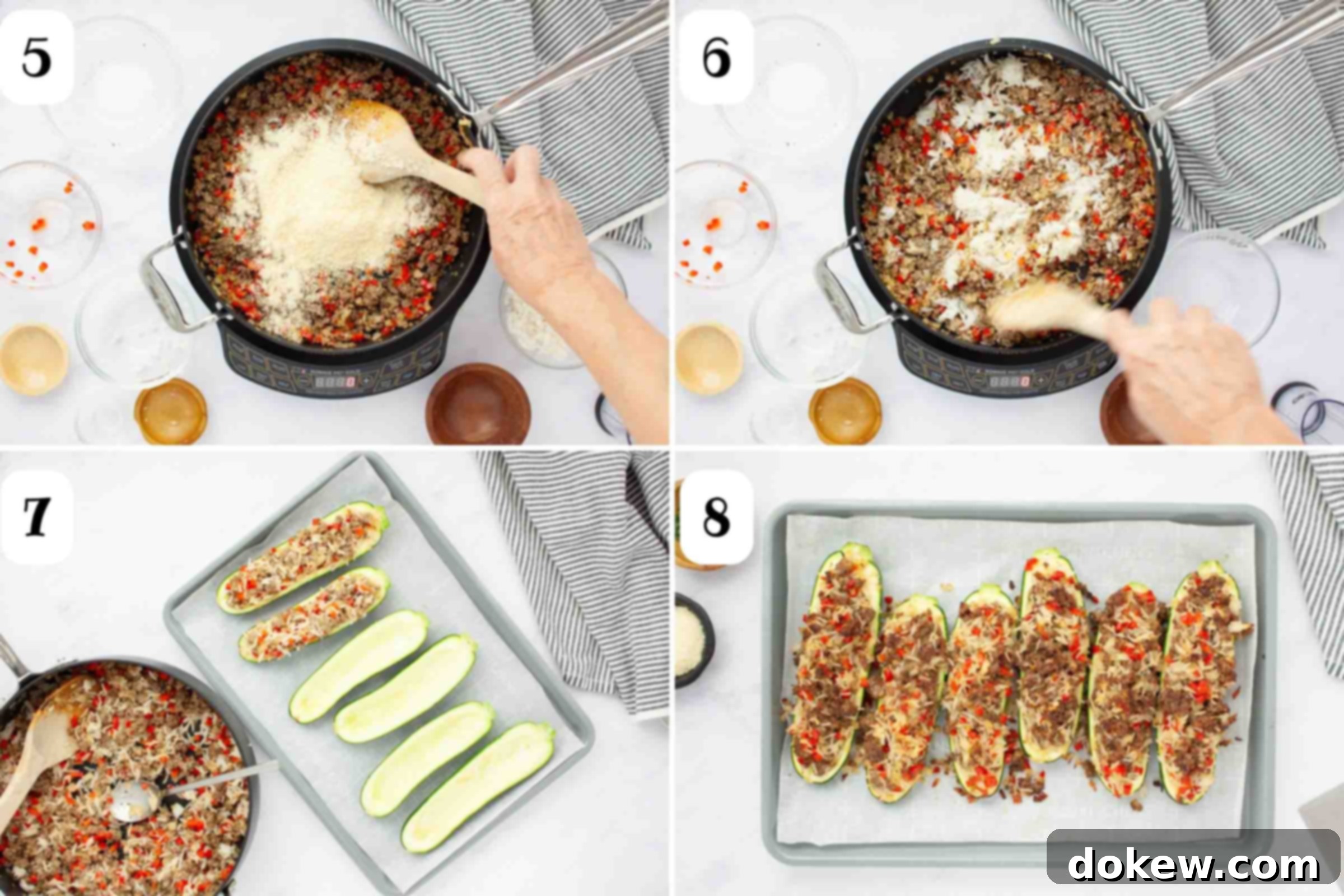 Zucchini Boats Bursting with Beef and Rice 5 Composite image: 5- skillet with sautéed vegetables and ground beef with parmesan cheese added on top; 6- same pan after adding cooked rice; 7- same pan beside a baking sheet lined with parchment paper with hollowed out zucchini halves being stuffed with meat mixture; 8- the stuffed zucchini on the baking sheet after cooking.