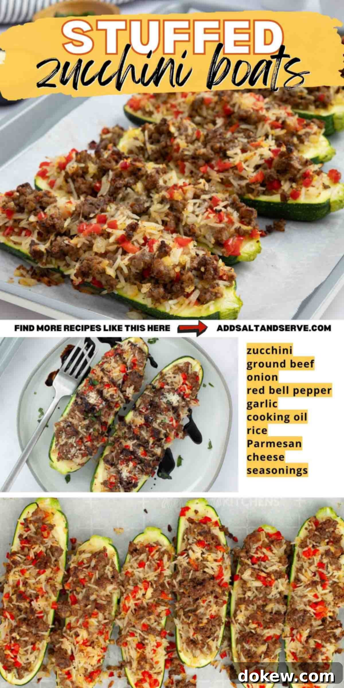 Zucchini Boats Bursting with Beef and Rice 7 Composite image with 3 photos of baked stuffed zucchini boats for pinning.