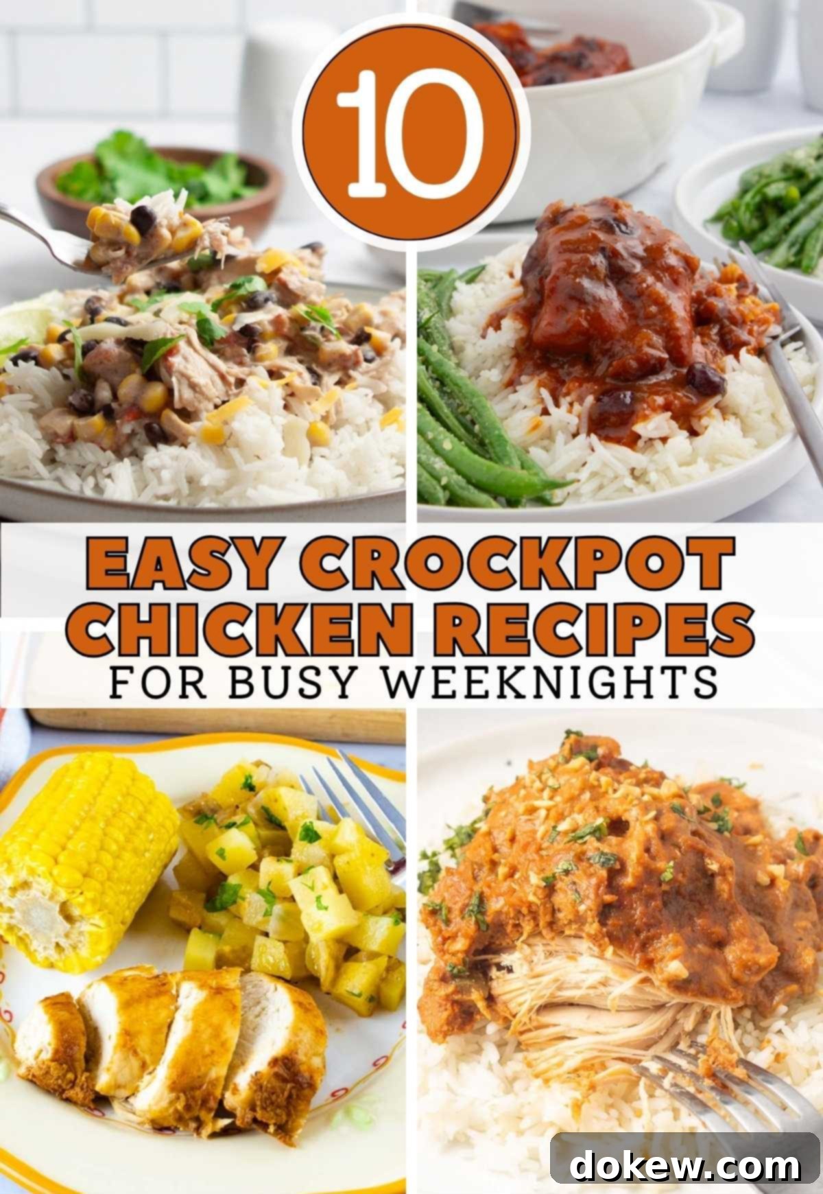 Stress-Free Crockpot Chicken Dinners 2 Composite image of four different chicken dishes, each prepared in a crockpot, illustrating various easy slow cooker chicken recipes for busy weeknights.