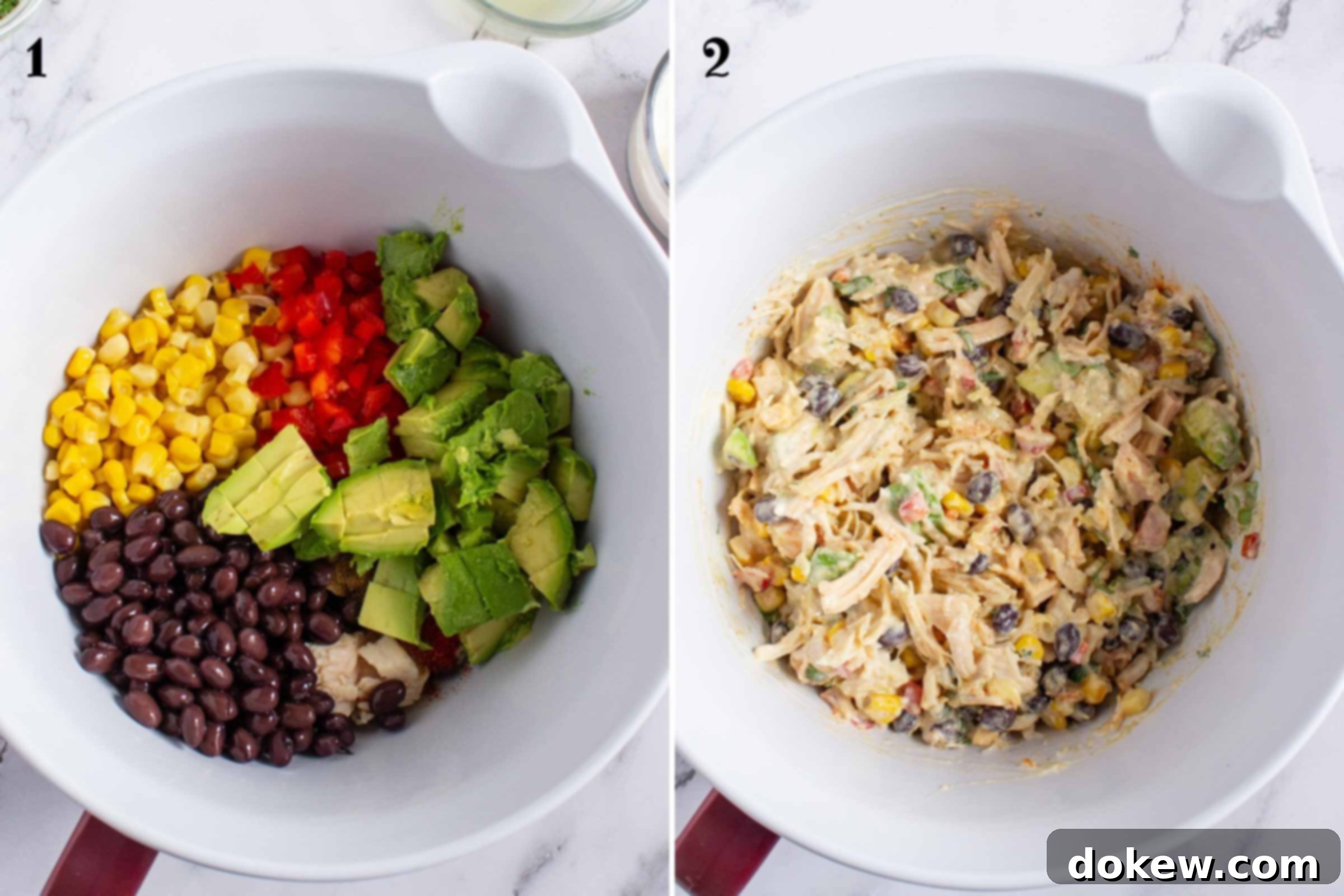 Lime-Kissed Southwest Chicken and Black Bean Salad 4 Composite image: 1- bowl with black beans, corn, diced red pepper, shredded chicken, and avocado; 2- same bowl after adding a creamy dressing with a reddish tint to the mixed ingredients.
