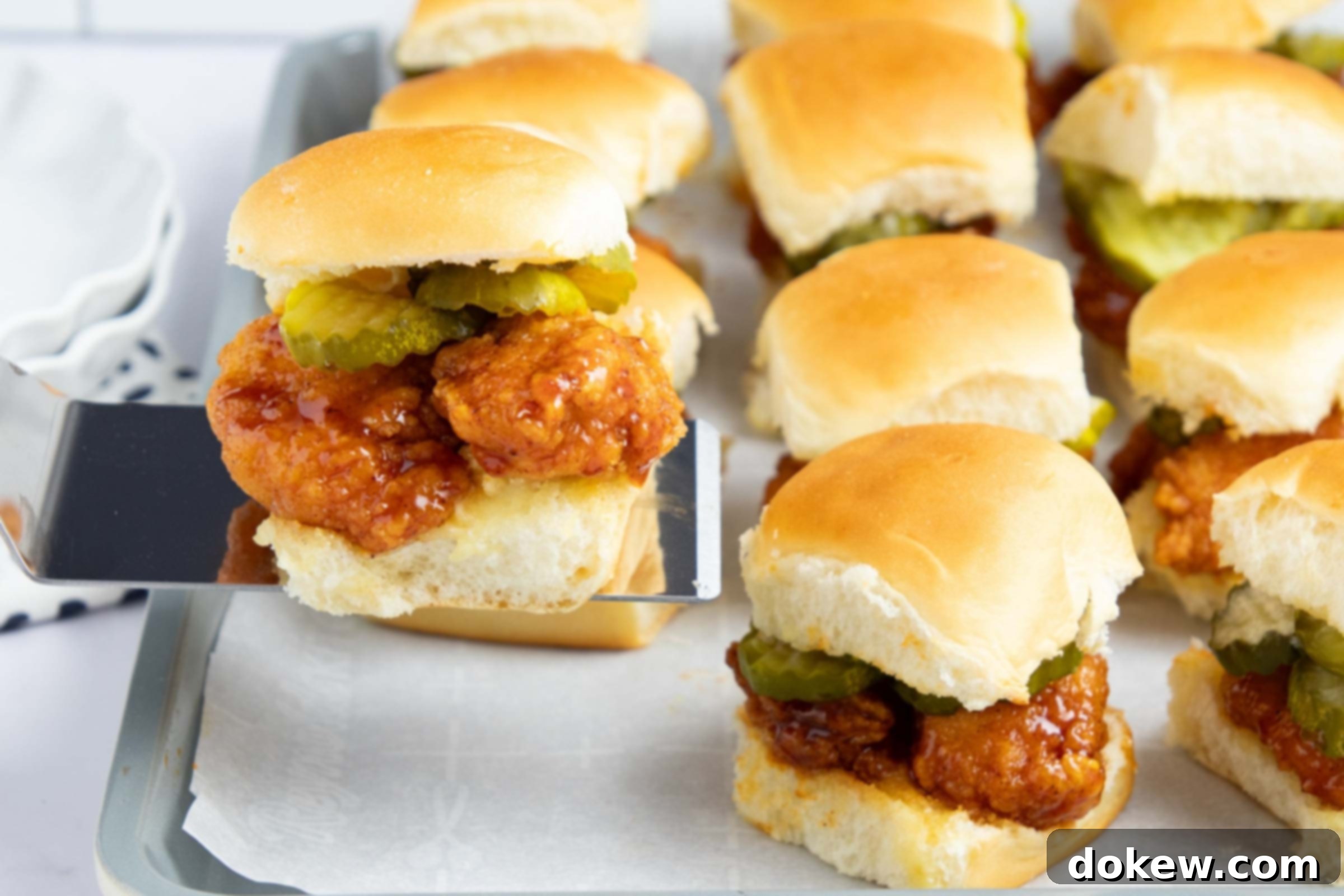 Sweet Heat Sliders: Done in a Flash 2 Hot honey chicken sliders with pickles on a baking sheet with one lifted on a spatula.