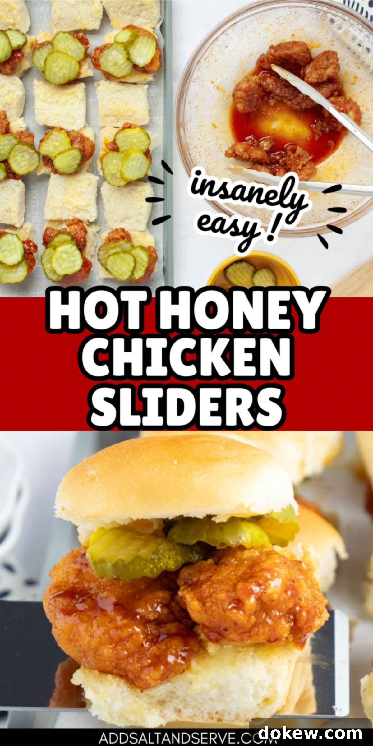 Sweet Heat Sliders: Done in a Flash 11 Composite image with photos of chicken sliders with pickles and text hot honey chicken sliders - insanely easy.