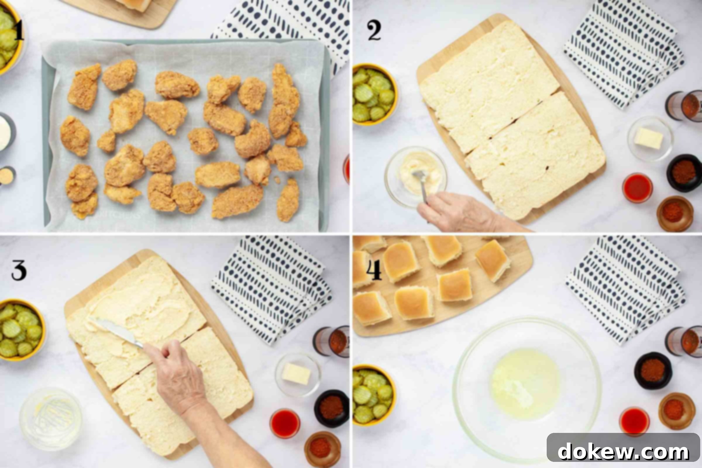 Sweet Heat Sliders: Done in a Flash 4 Composite image: 1- frozen chicken bites on a baking sheet; 2- stirring mayonnaise and garlic powder together; 3- spreading the spiced mayo on Hawaiian bread; 4-melted butter in a large bowl.