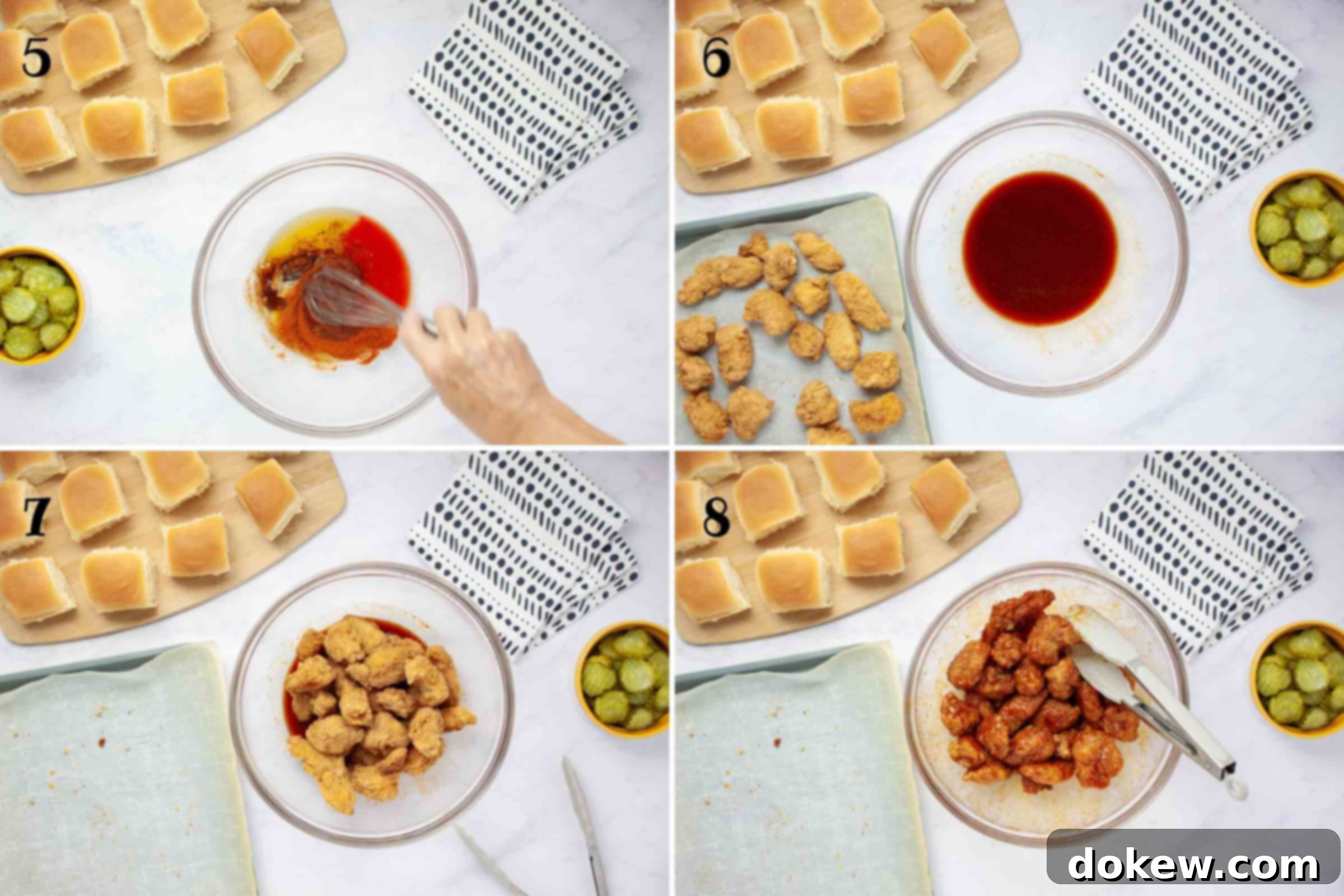 Sweet Heat Sliders: Done in a Flash 5 Composite image: 5-mixing spices with melted butter and honey; 6- the bowl of seasoned butter beside a pan of cooked chicken bites; 7 - the chicken bites in the bowl with the hot honey butter; 8 - the chicken bites coated in the hot honey butter mixture.