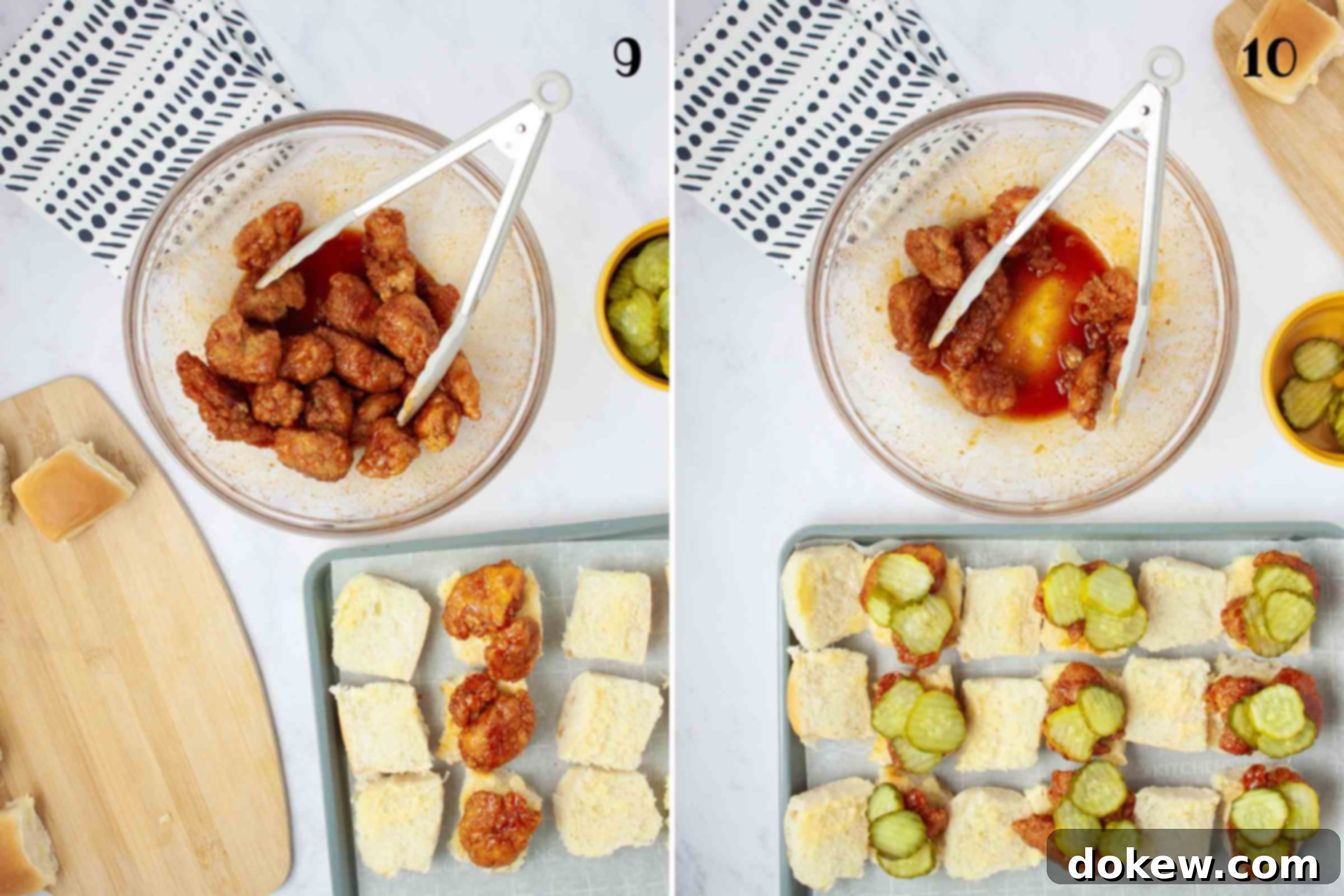 Sweet Heat Sliders: Done in a Flash 6 Composite image: 9- placing coated chicken bites on Hawaiian bread spread with spiced mayo; 10- topping the chicken pieces with pickle slices.
