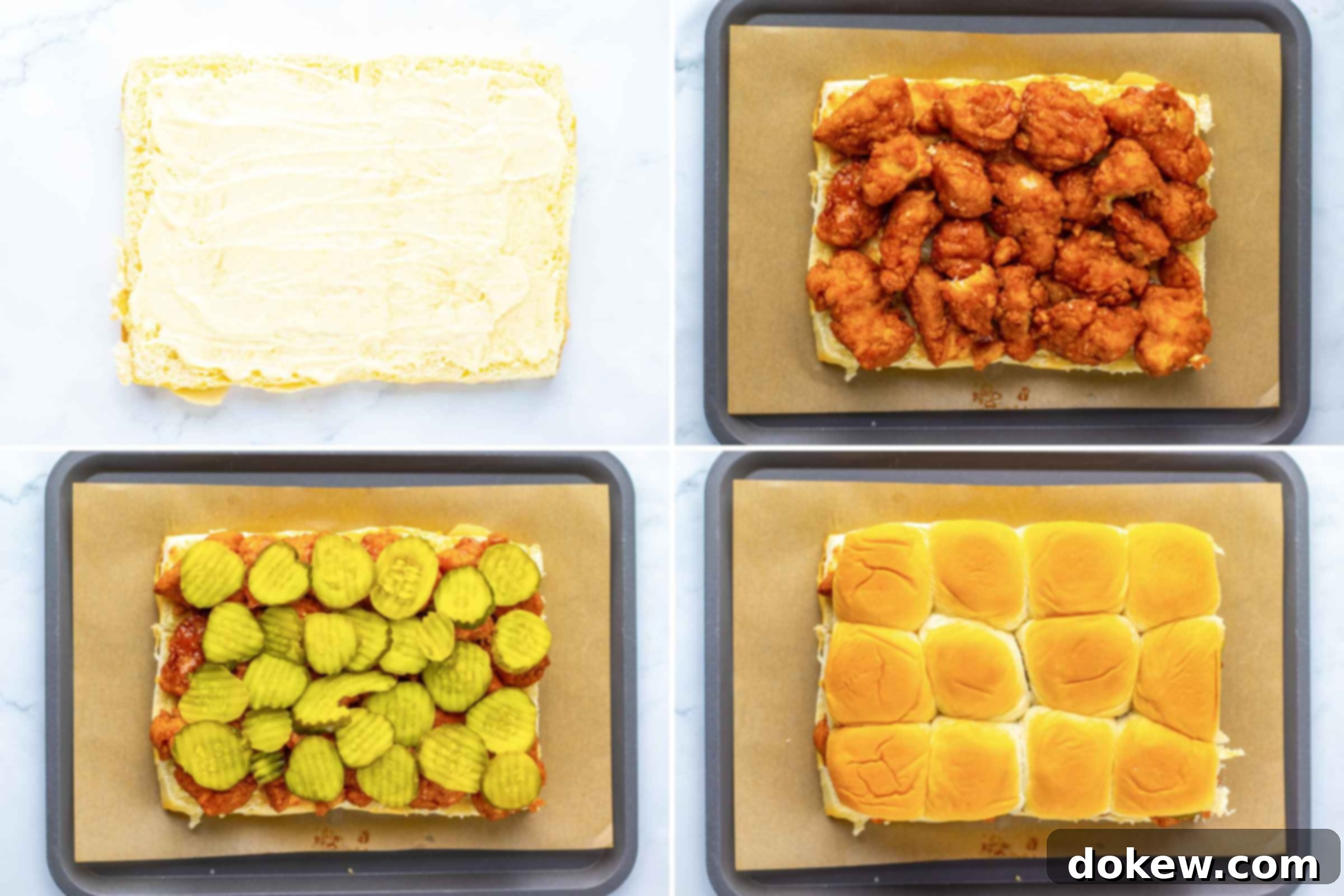 Sweet Heat Sliders: Done in a Flash 7 Composite image: 1- hawaiian rolls cut in half with garlic mayonnaise spread on the bottom half; 2- chicken in hot honey sauce piled on the bottom half of the rolls; 3-sliced pickles on top of the chicken; 4- the top half of the rolls put on top of the sliders.