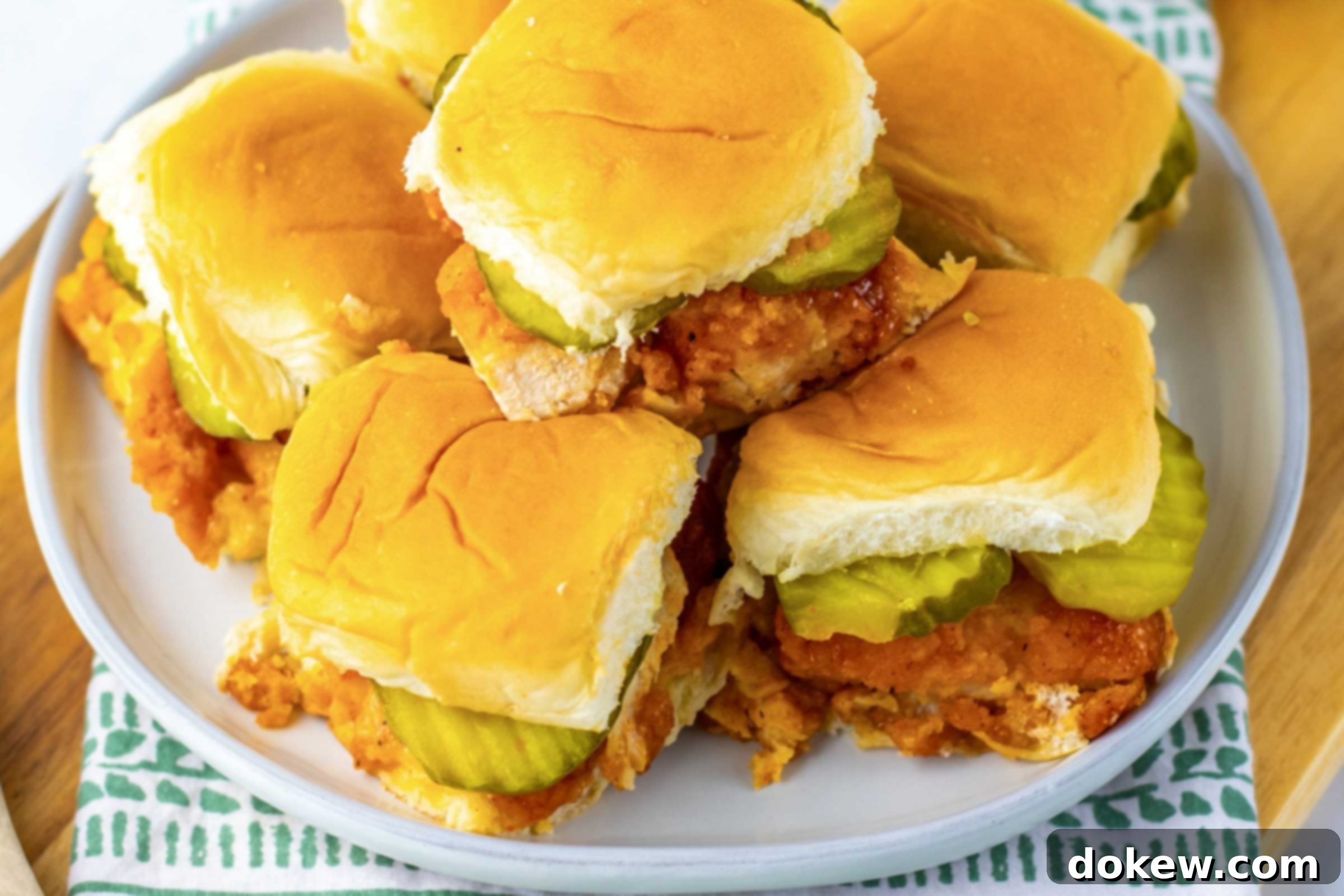 Sweet Heat Sliders: Done in a Flash 9 A pile of hot honey chicken sliders on a plate.