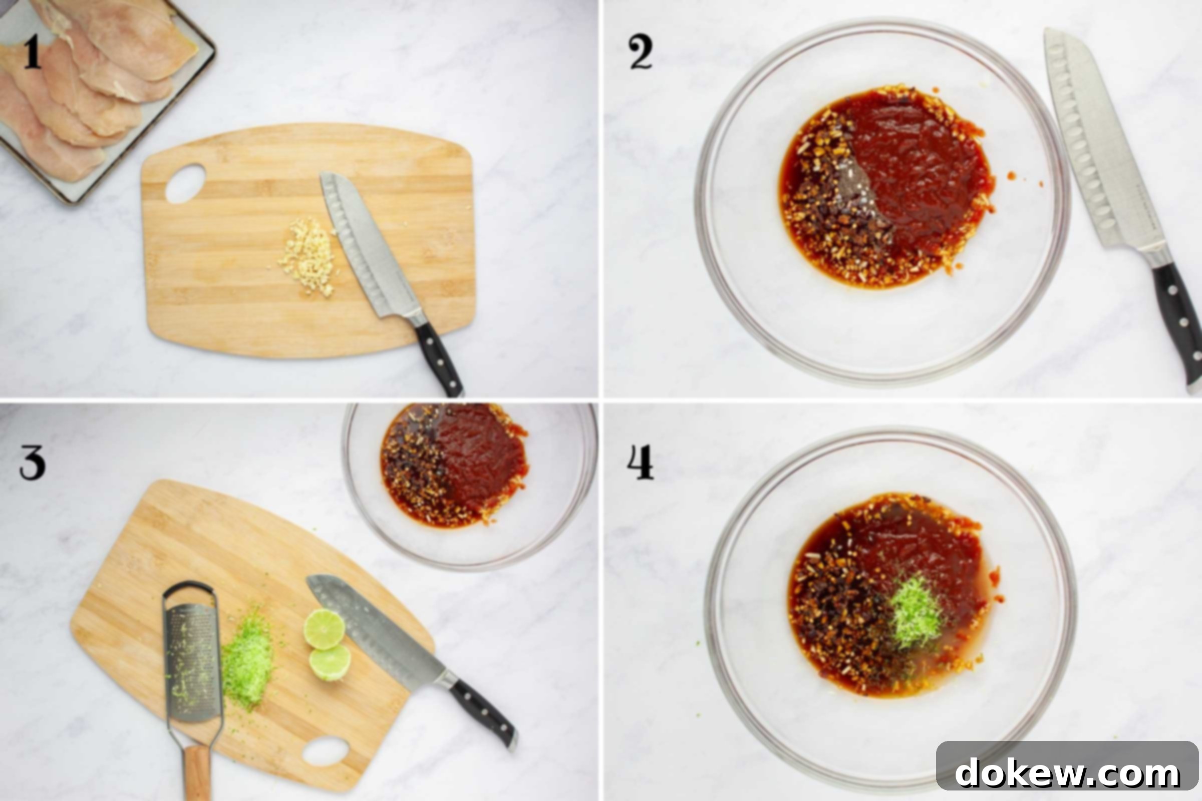 Tropical Chili Lime Chicken with Coconut Lime Sauce 4 Composite image: 1-cutting board with minced garlic beside boneless, skinless chicken breasts on a counter.; 2- bowl with soy sauce, minced garlic, garlic salt, chili sauce, and crushed red pepper; 4- same bowl after adding chili sauce beside a cutting board with a zested lime cut in half; 4- same bowl after adding half the lime zest and juice.