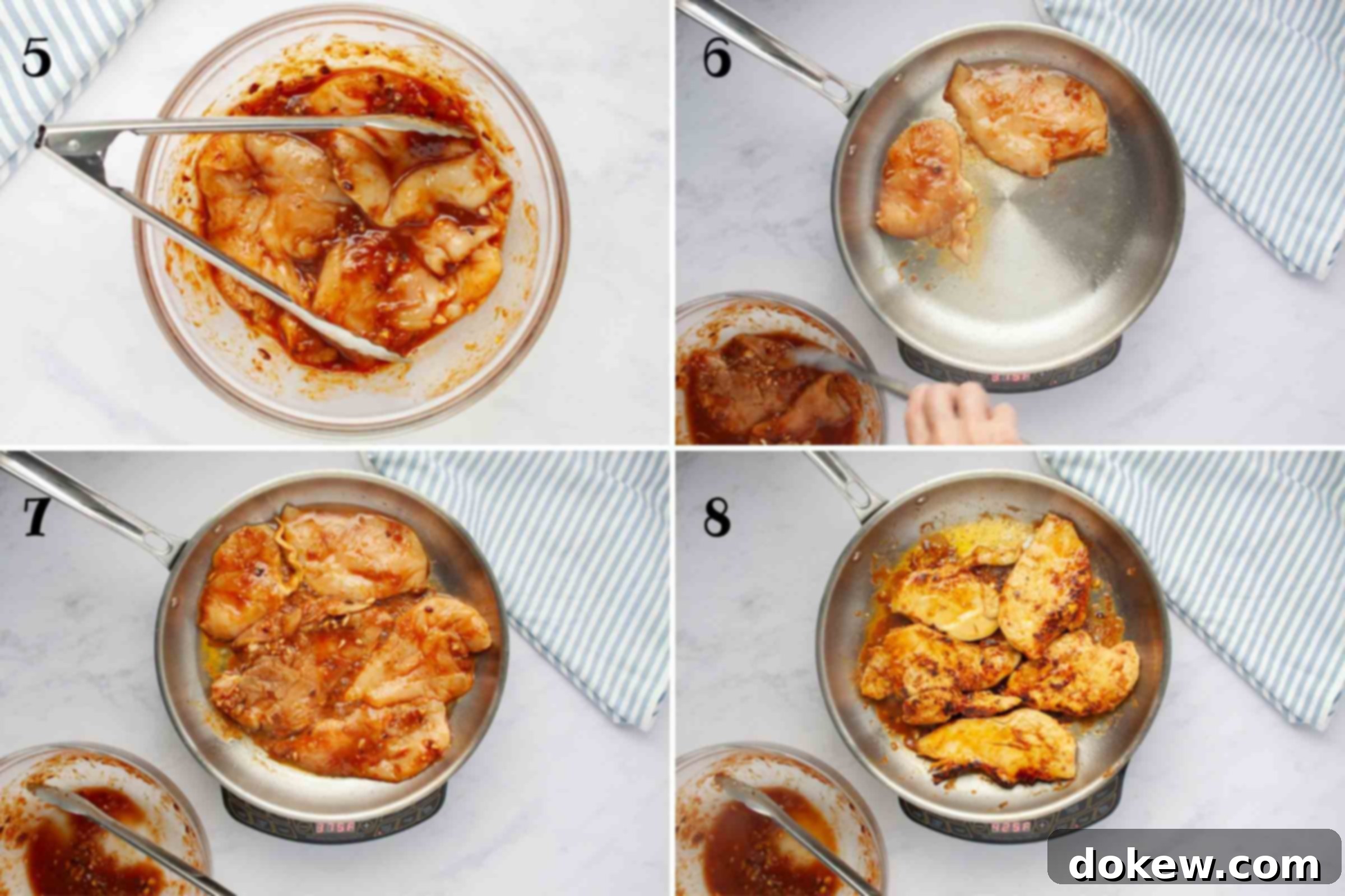 Tropical Chili Lime Chicken with Coconut Lime Sauce 5 Composite image: 5- boneless skinless chicken breasts in a bowl with chili marinade; 6- same chicken breasts being added to a skillet with hot oil; 7- all chicken breasts cooking in the skillet; 8 - same chicken breasts in skillet after flipping.