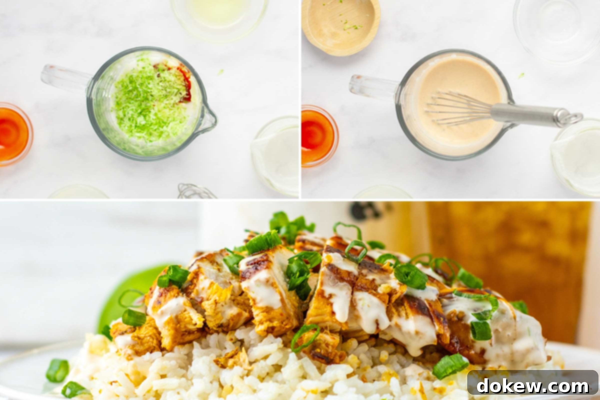 Tropical Chili Lime Chicken with Coconut Lime Sauce 6 Composite image: measuring cup with coconut milk, lime juice, sriracha sauce, and lemon zest; same sauce after whisking; plated Chicken breast over rice drizzled with sauce and garnished with green onions beside a glass of iced tea and two limes.