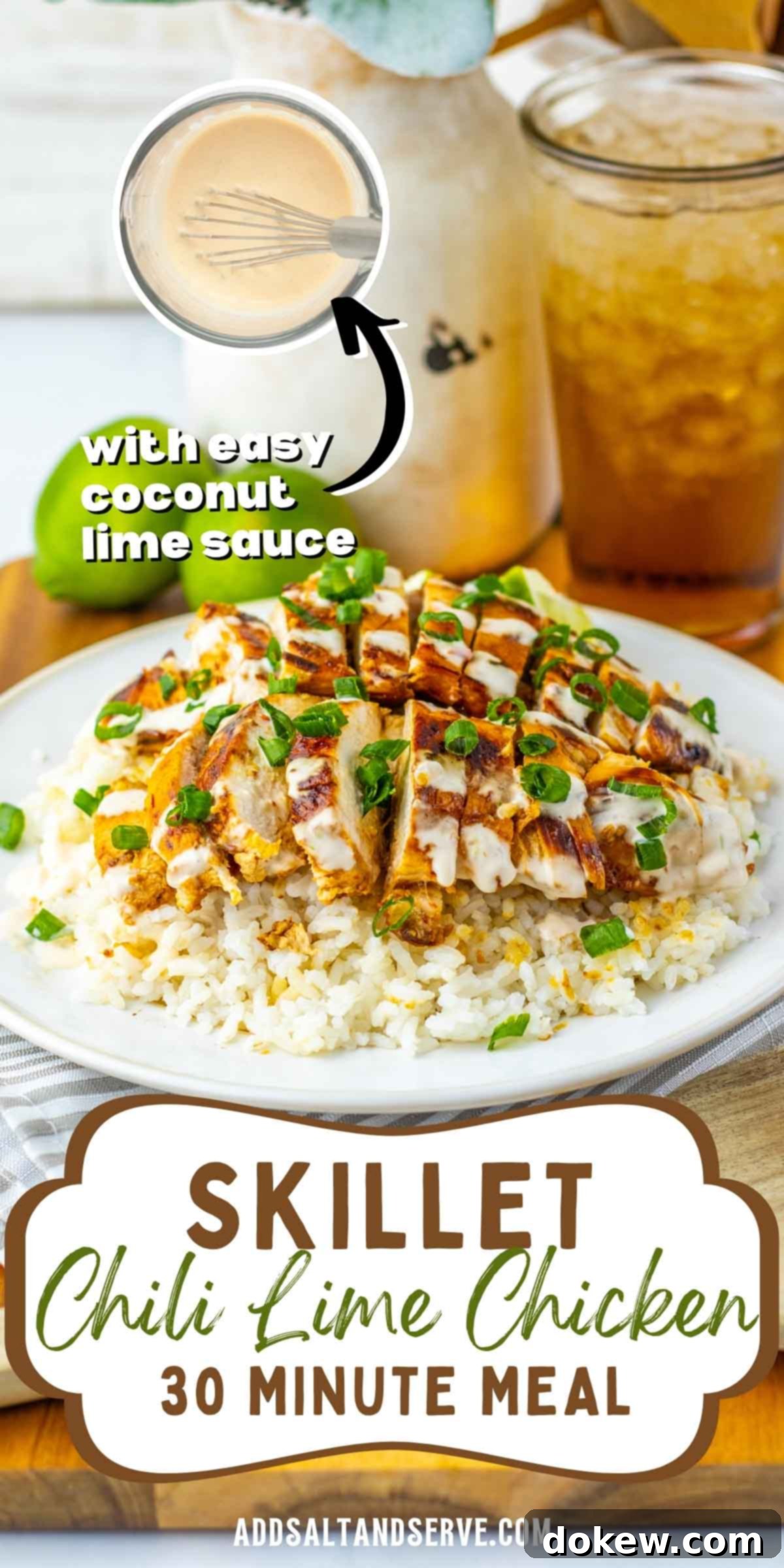 Tropical Chili Lime Chicken with Coconut Lime Sauce 7 Chicken breast over rice drizzled with white sauce and garnished with green onions; text: Skillet Chili Lime Chicken 30 minute meal with easy coconut lime sauce.