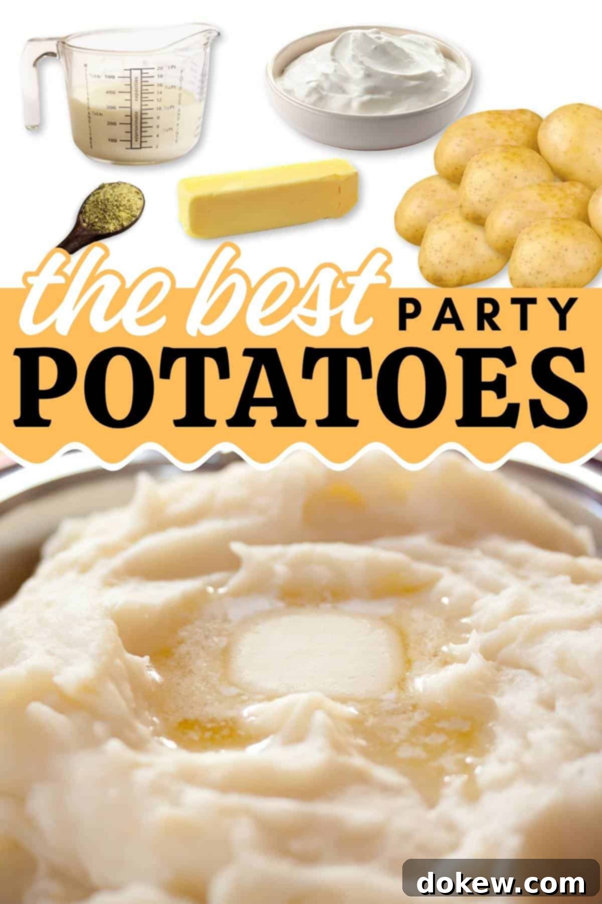 Ultimate Celebration Mash 3 Composite image: Mashed Potatoes with a pat of melting butter; ingredients: yukon gold potatoes, sour cream, butter, milk, adobo seasoning with text The Best party potatoes.