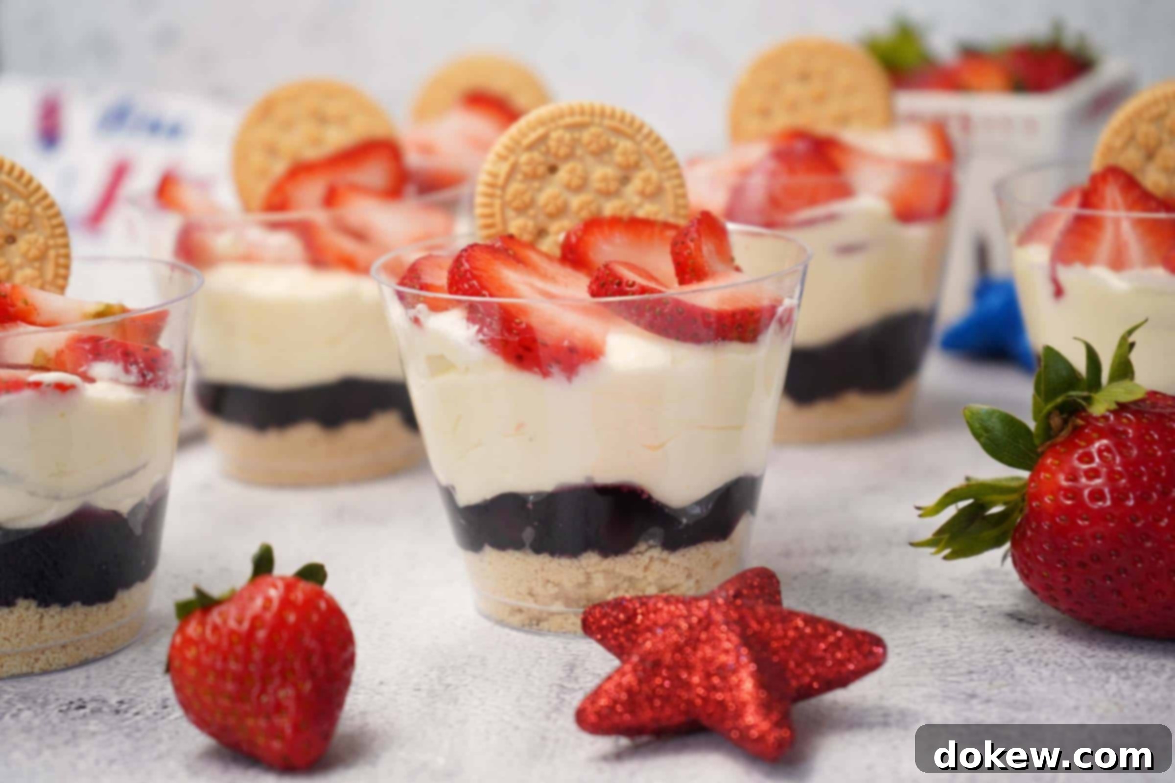 Patriotic Parfaits 2 Red, white, and blue parfaits in plastic cups with layers of cookie crumbs, blueberry pie filling, pudding mixture, and topped with sliced strawberries and a sandwich cookie.