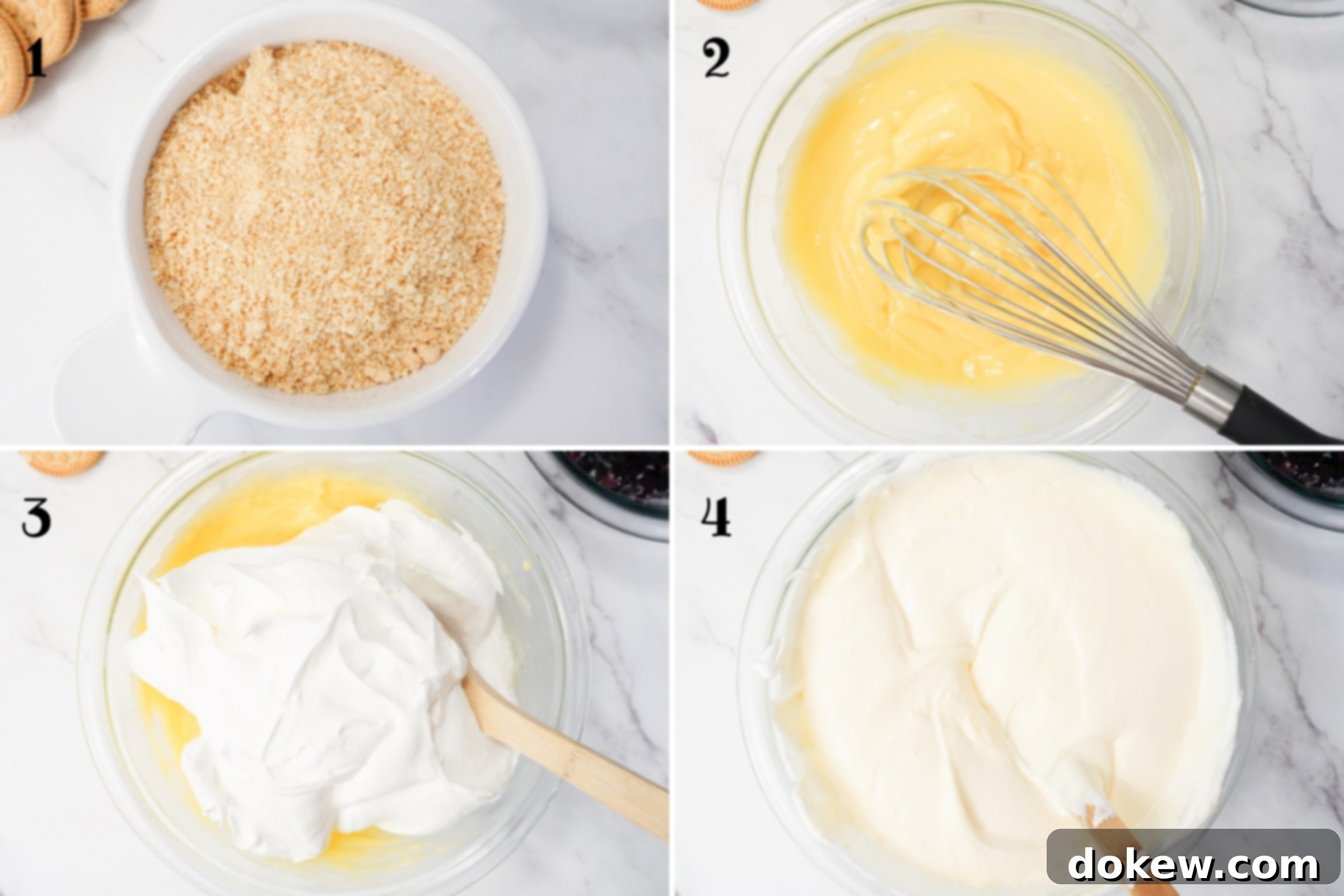 Patriotic Parfaits 4 Composite image: 1-crushed cookie crumbs; 2- vanilla pudding in a bowl with a whisk; 3- adding thawed whipped topping to the pudding; 4- after mixing.