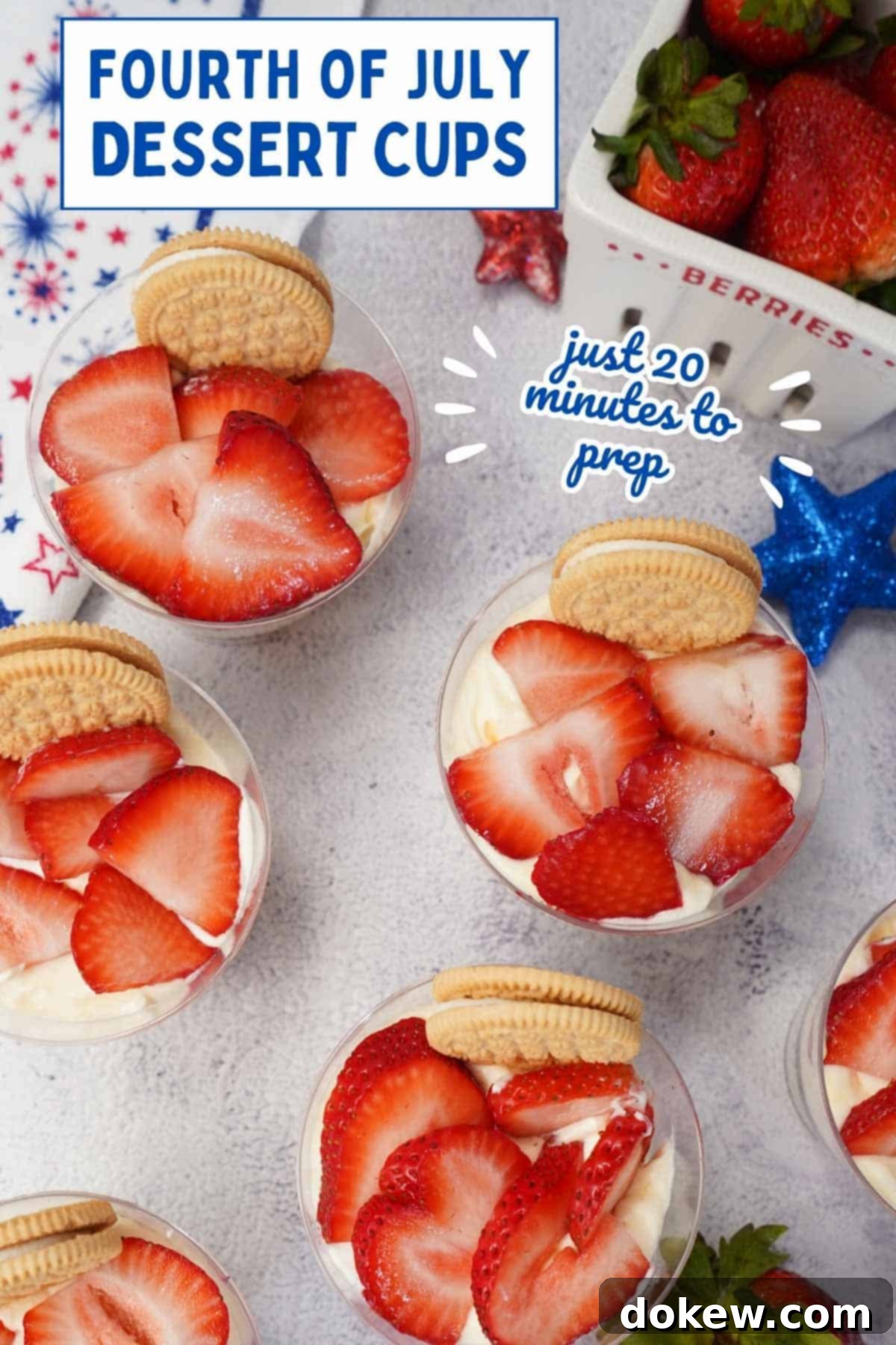 Patriotic Parfaits 5 Red, white, and blue parfaits in plastic cups topped with sliced strawberries and a sandwich cookie with text Fourth of July Dessert Cups - just 20 minutes to prep.