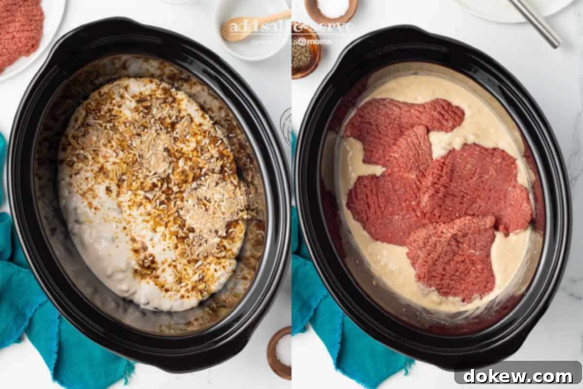 Crock Pot Cube Steak with Creamy Mushroom Sauce 4 Left side shows cream of mushroom soup and Lipton dry onion soup mix in a crock pot before mixing; right side shows after mixing and adding the cube steak to the crock pot.