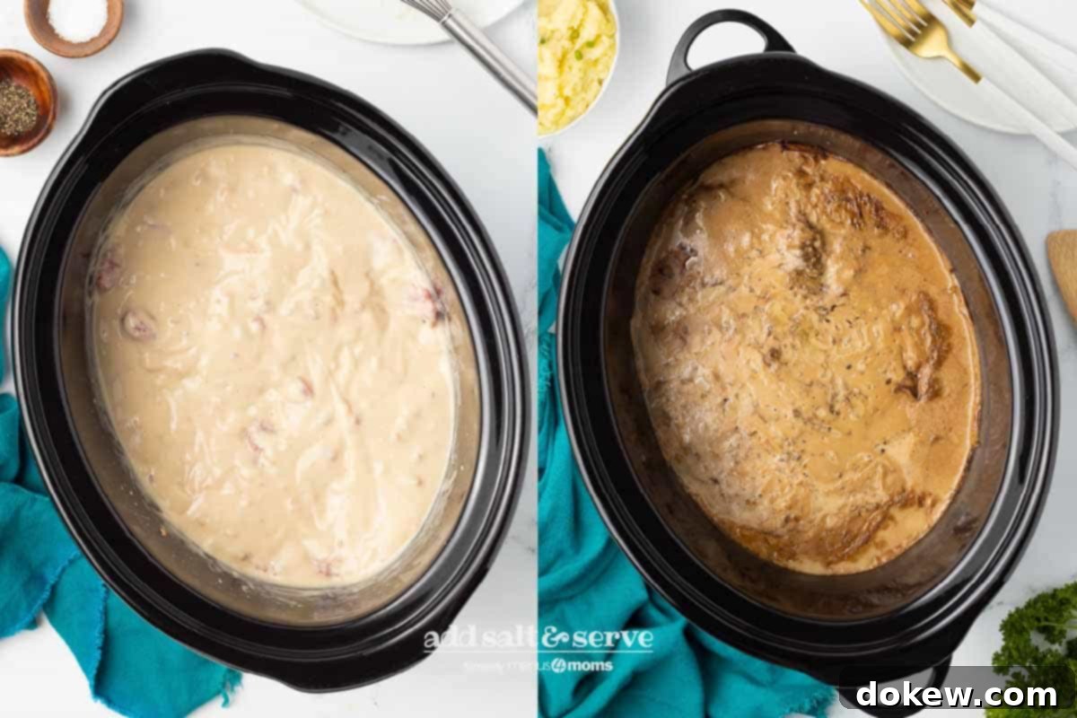 Crock Pot Cube Steak with Creamy Mushroom Sauce 5 Left side - cube steak in a gravy of cream of mushroom soup, Lipton dry onion soup mix, and water before cooking; right side is after cooking, showing the tender beef.