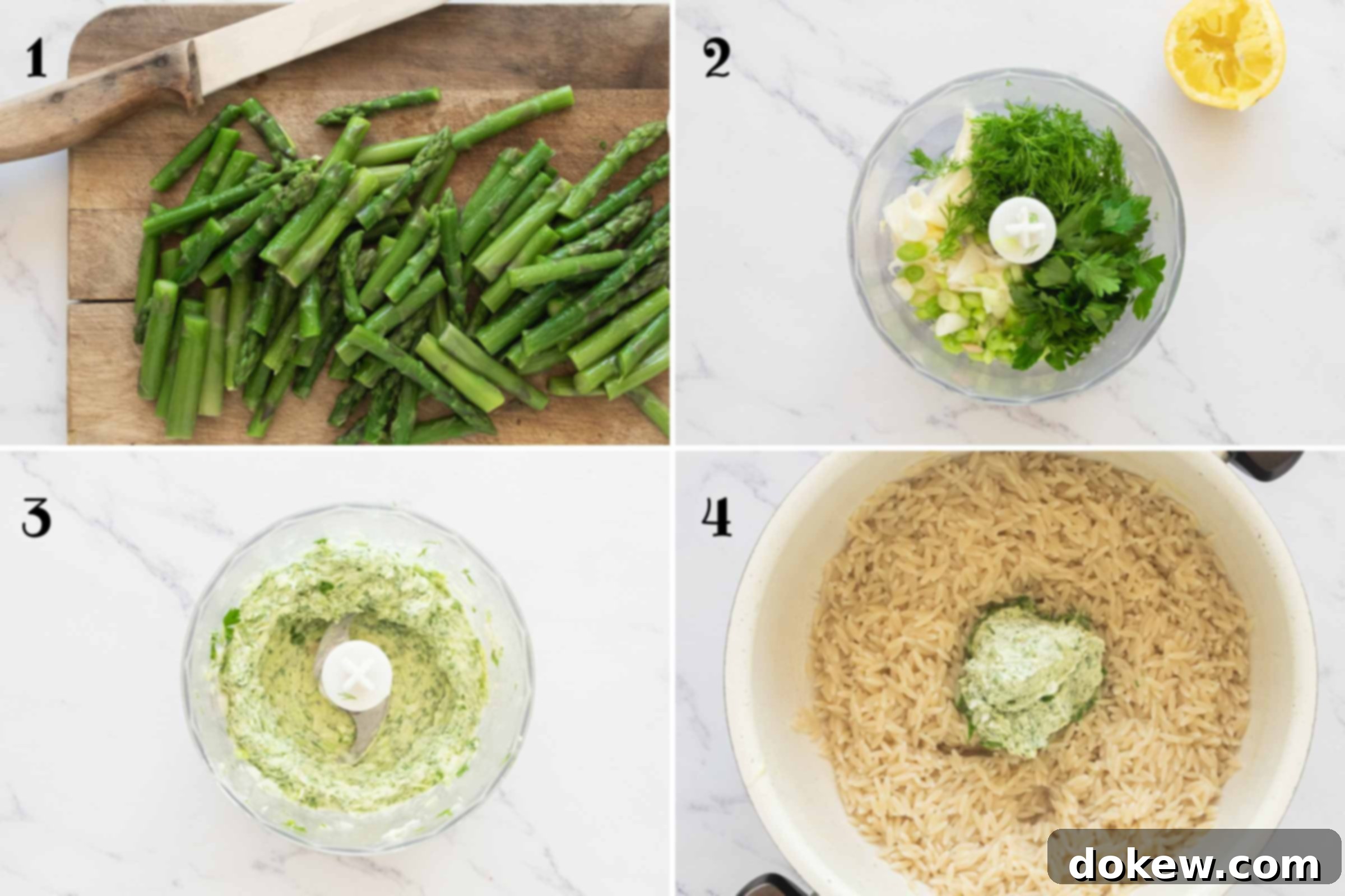 Spring Lemon Orzo with Asparagus, Peas, and Parmesan 4 Composite image showing four steps: 1- pieces of chopped asparagus on a cutting board; 2- fresh herbs, sliced green onions, softened butter, and lemon juice in a food processor before blending; 3- the creamy, vibrant lemon-herb butter mixture after blending; 4- a Dutch oven with cooked orzo and the butter mixture being added and gently incorporated.