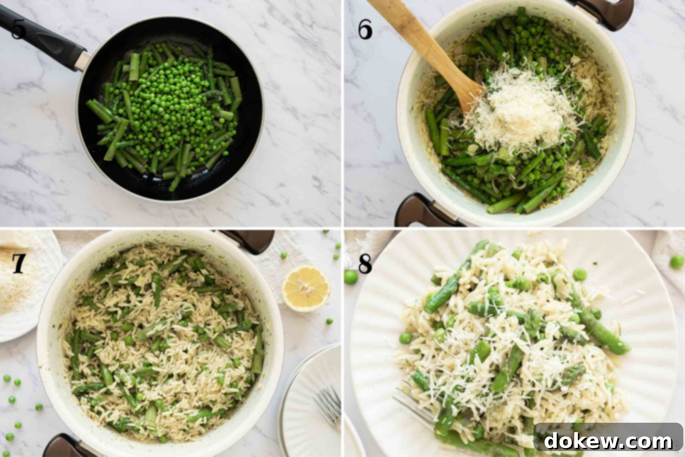Spring Lemon Orzo with Asparagus, Peas, and Parmesan 5 Composite image showing four more steps: 5- a skillet with chopped asparagus and peas sautéing in olive oil; 6- a Dutch oven containing cooked orzo, the butter sauce, sautéed asparagus, peas, and grated Parmesan cheese, ready to be mixed; 7- the contents of the Dutch oven after gentle mixing, showing a well-combined pasta dish; 8- a beautifully plated serving of lemon orzo with asparagus and peas, garnished with extra grated parmesan cheese.
