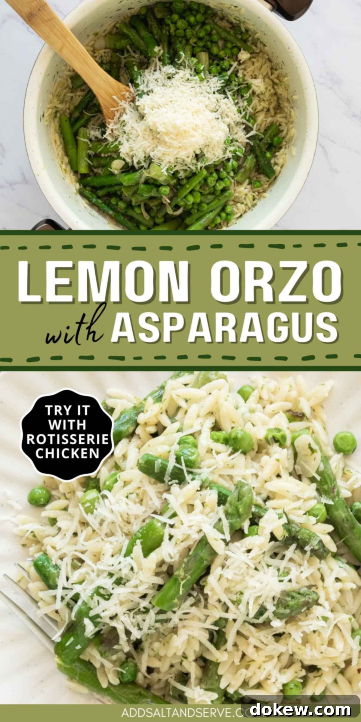 Spring Lemon Orzo with Asparagus, Peas, and Parmesan 8 Composite image with a Dutch oven showing cooked orzo, pieces of asparagus, peas, and Parmesan cheese before mixing; alongside a beautifully plated serving of lemon orzo garnished with Parmesan. Text overlay reads: 'Lemon orzo with asparagus - try it with rotisserie chicken.'