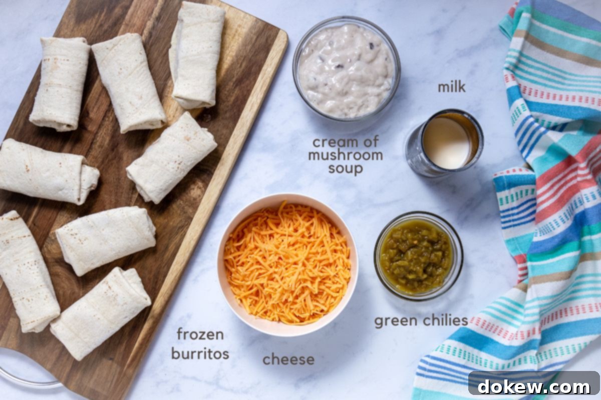 5 Malzemeli Pratik Burrito Güveci 3 Ingredients for frozen burrito casserole: frozen burritos, condensed cream of mushroom soup, milk, green chilies, and shredded cheddar cheese.