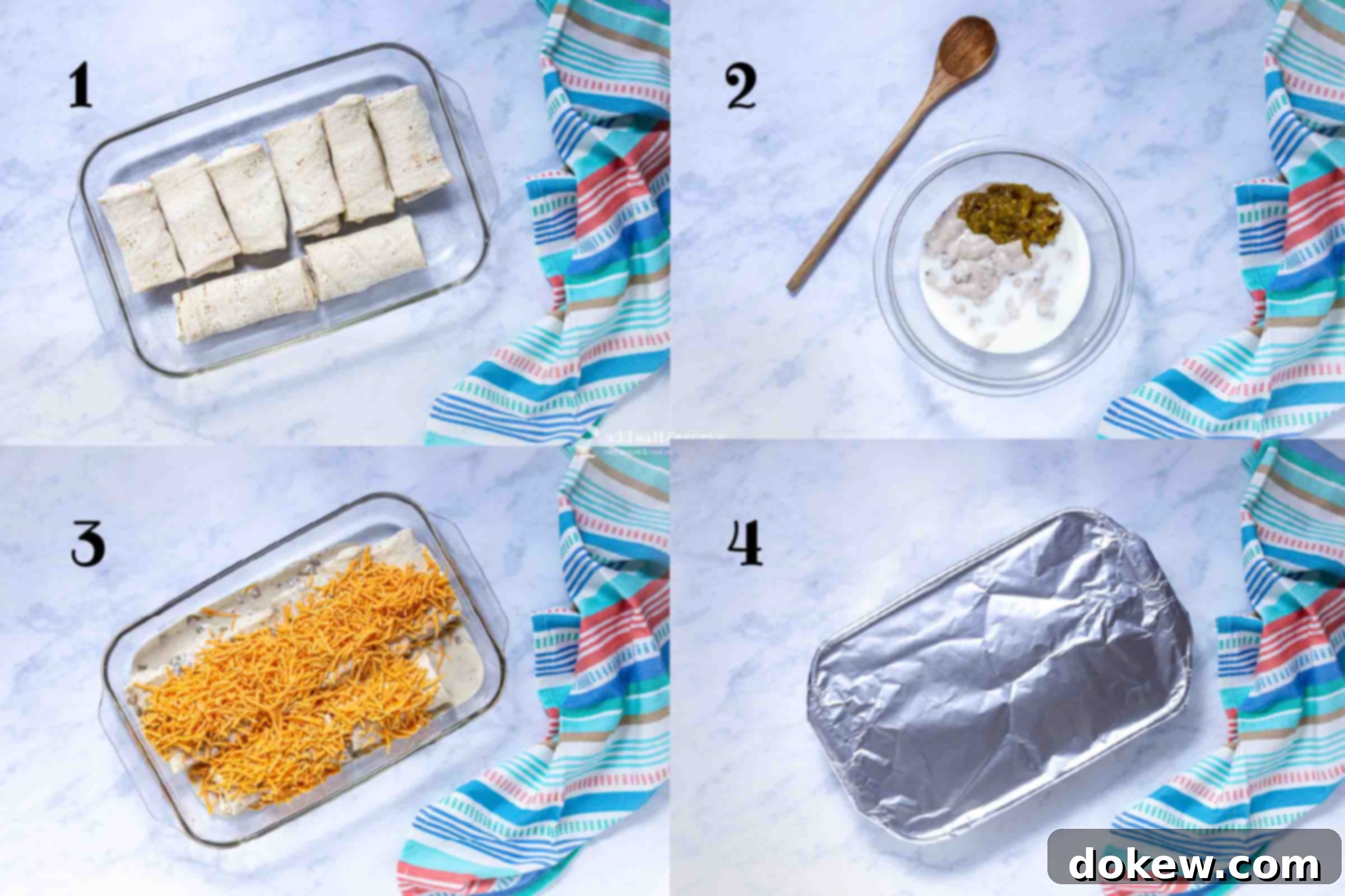 5 Malzemeli Pratik Burrito Güveci 4 Composite image: 1 - Frozen burritos in a glass baking dish 2 - Sauce for frozen burrito casserole in a bowl: condensed cream of mushroom soup, milk, and green chilies, 3- Frozen burritos covered in green chili and mushroom sauce and topped with shredded cheddar cheese, 4- baking pan covered with aluminum foil.