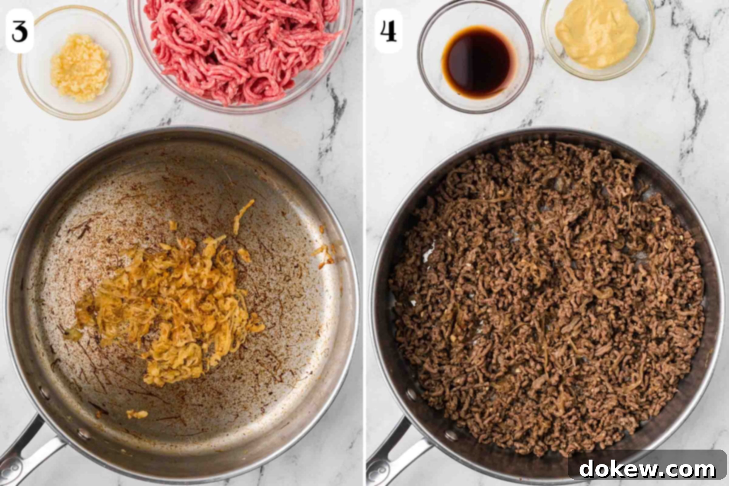 Simple One-Pan Creamy Ground Beef Stroganoff 5 Composite image: A skillet with golden sautéed onions, ready for the next step, alongside bowls of minced garlic and raw ground beef. The second image shows the same skillet after the ground beef and garlic have been added and cooked, with bowls of Worcestershire sauce and Dijon mustard placed beside the pan, signaling the next phase of seasoning.