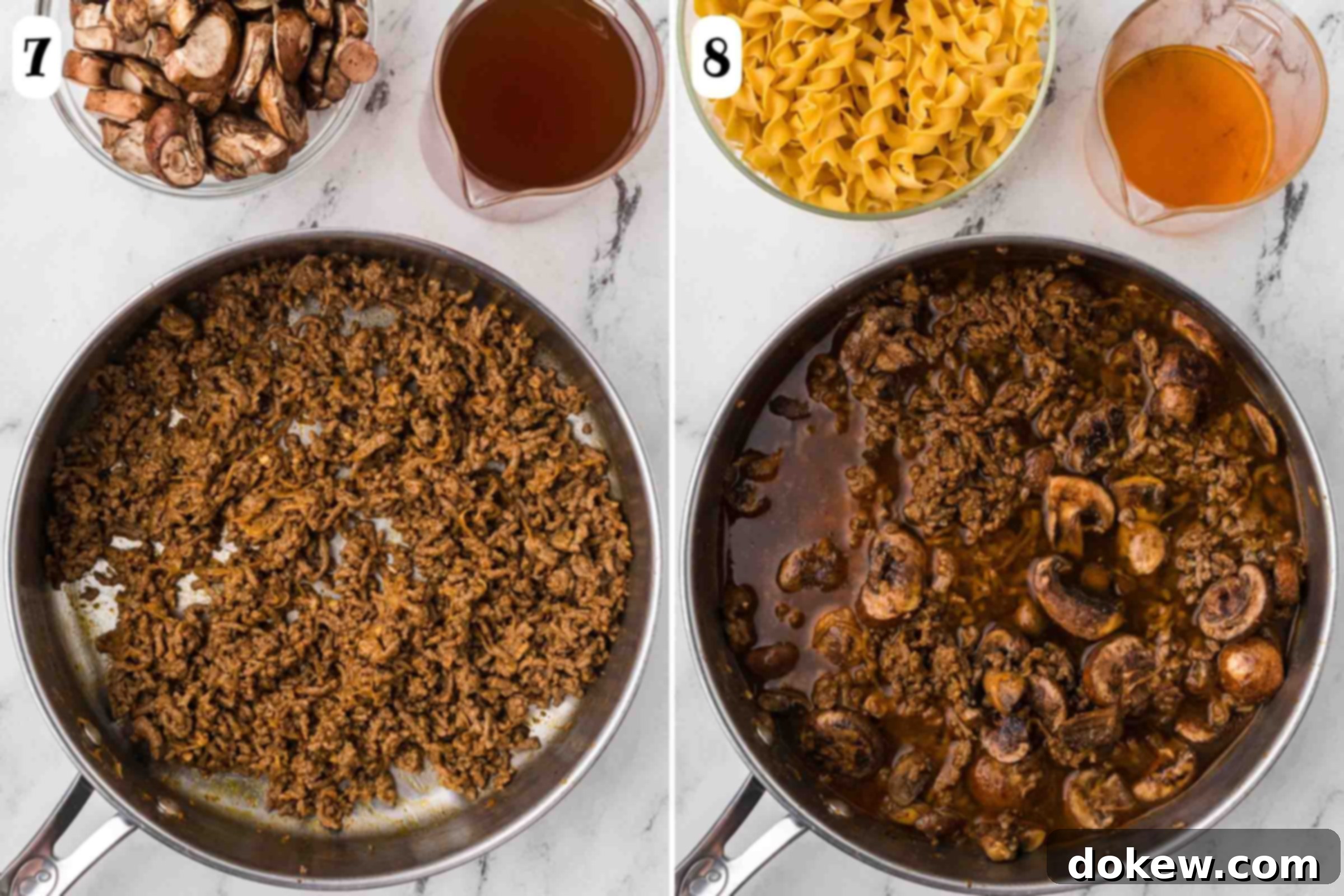 Simple One-Pan Creamy Ground Beef Stroganoff 7 Composite image: A skillet with seasoned cooked ground beef, ready for more ingredients, beside bowls of beef broth and neatly sliced mushrooms. The second image shows the same skillet after the mushrooms and broth have been added and stirred, next to a bowl of wide egg noodles and an empty measuring cup, preparing for the noodle addition.