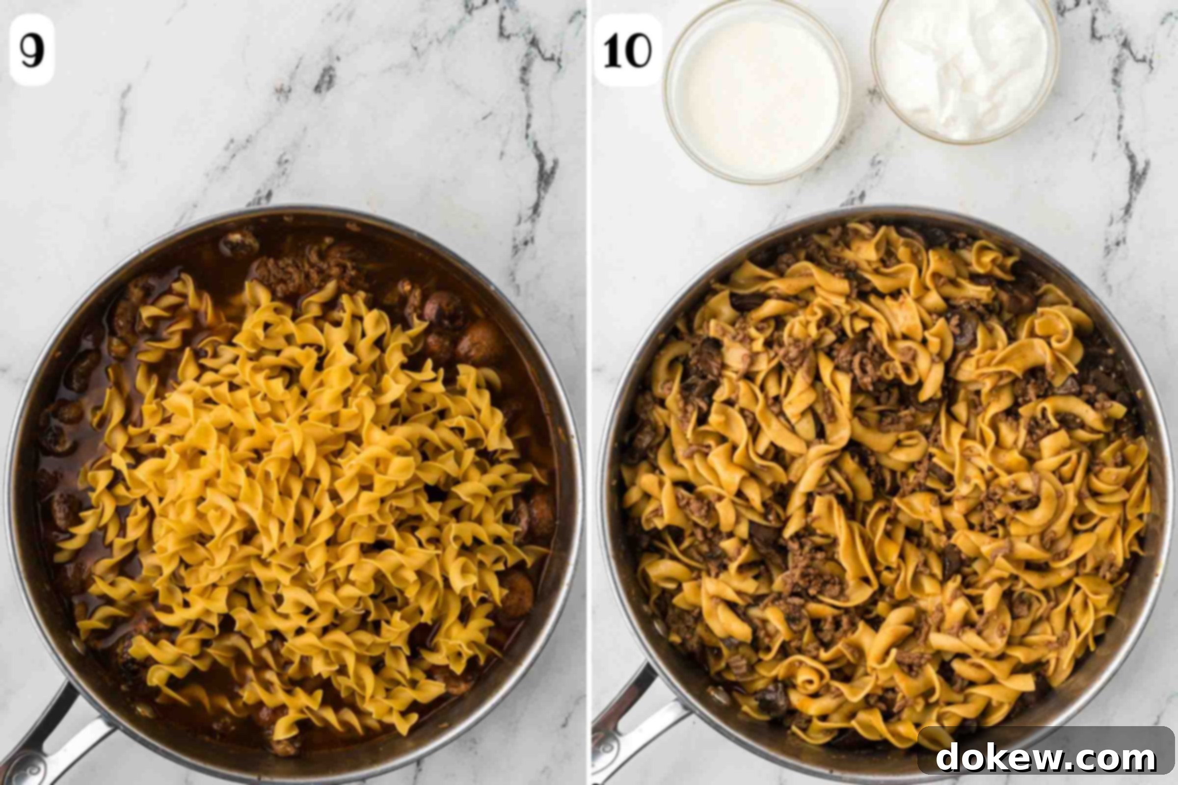 Simple One-Pan Creamy Ground Beef Stroganoff 8 A bowl containing a mixture of sour cream and heavy cream, with a small amount of hot liquid from the main pan being tempered into it, ensuring a smooth, curdle-free addition to the Stroganoff.