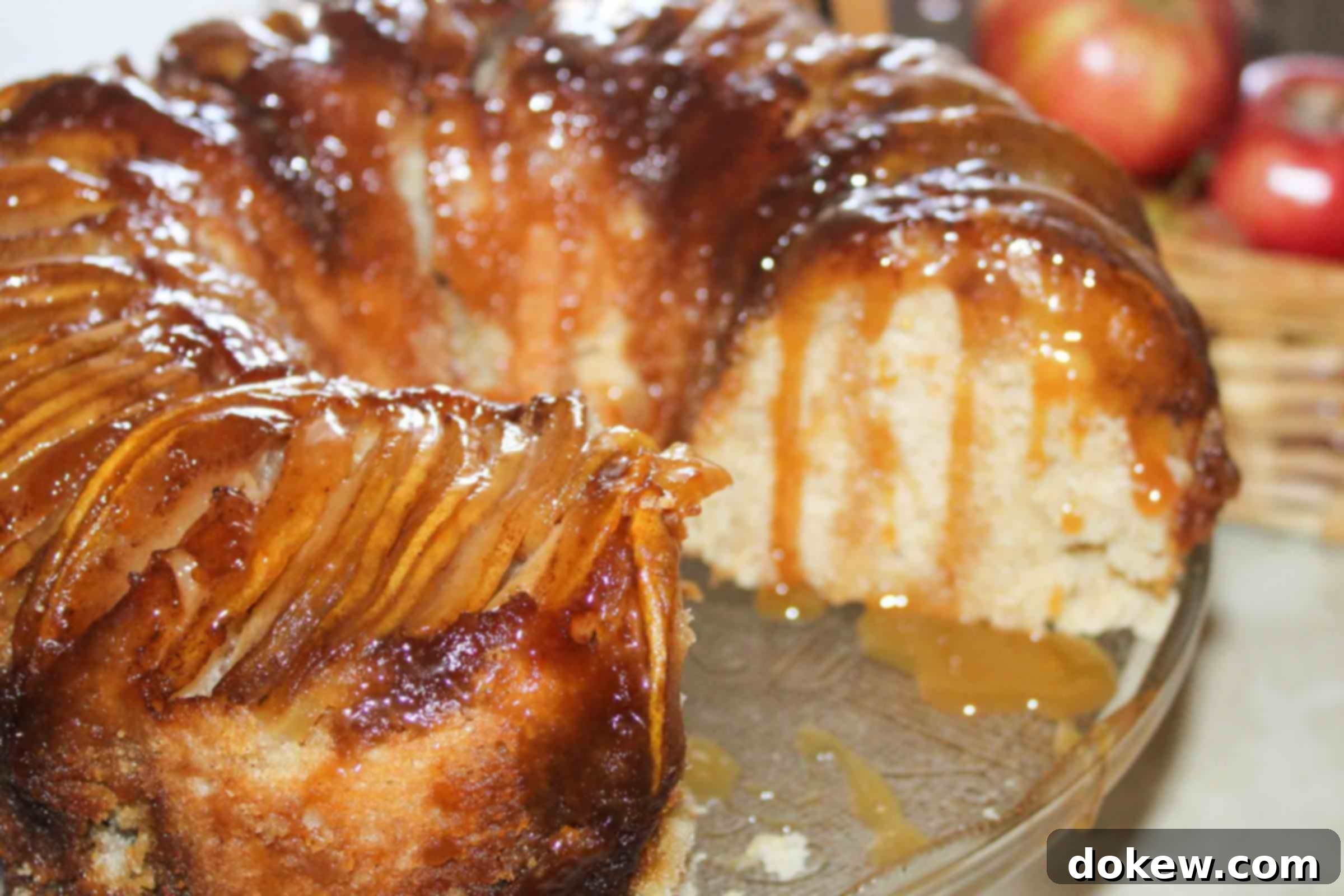 Apple upside down bundt cake with a slice removed and caramel sauce dripping down the sides, showcasing tender apples.