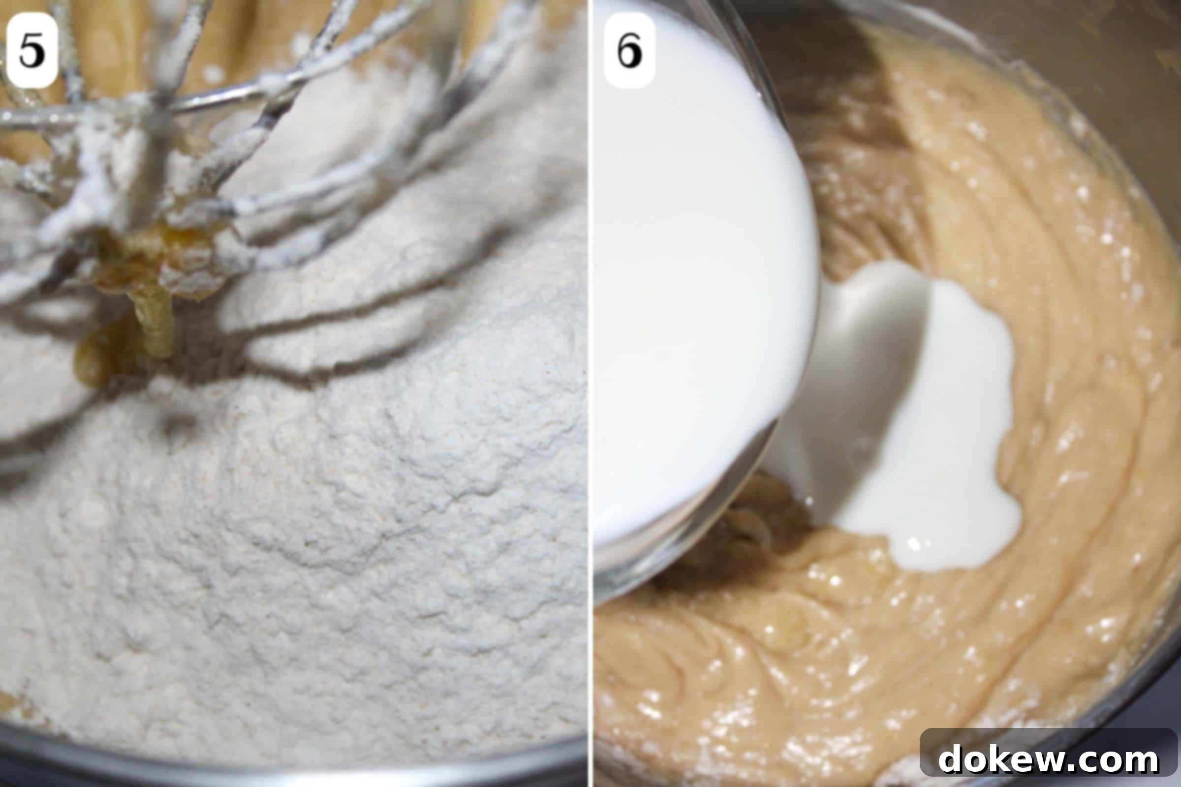 Golden Caramel Apple Bundt 5 Composite image: 5- adding a flour mixture to creamed butter and sugar; 6- adding buttermilk to the butter, sugar, and flour mixture.
