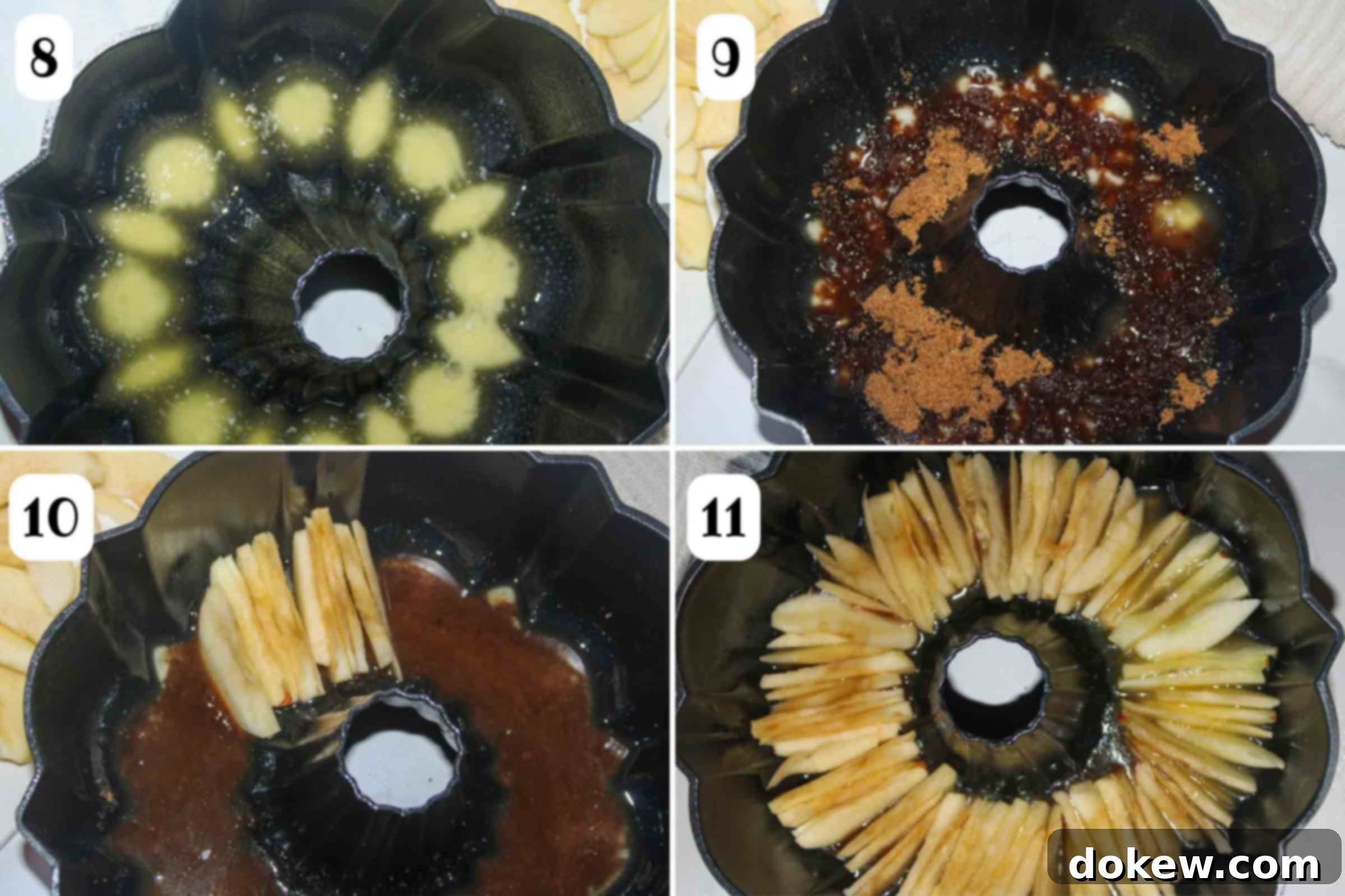 Golden Caramel Apple Bundt 7 Composite image: 8- melted butter in a greased bundt pan; 9- dark brown sugar added to the melted butter; 10- starting to add sliced apples to the pan; 11-the pan after adding all the sliced apples.