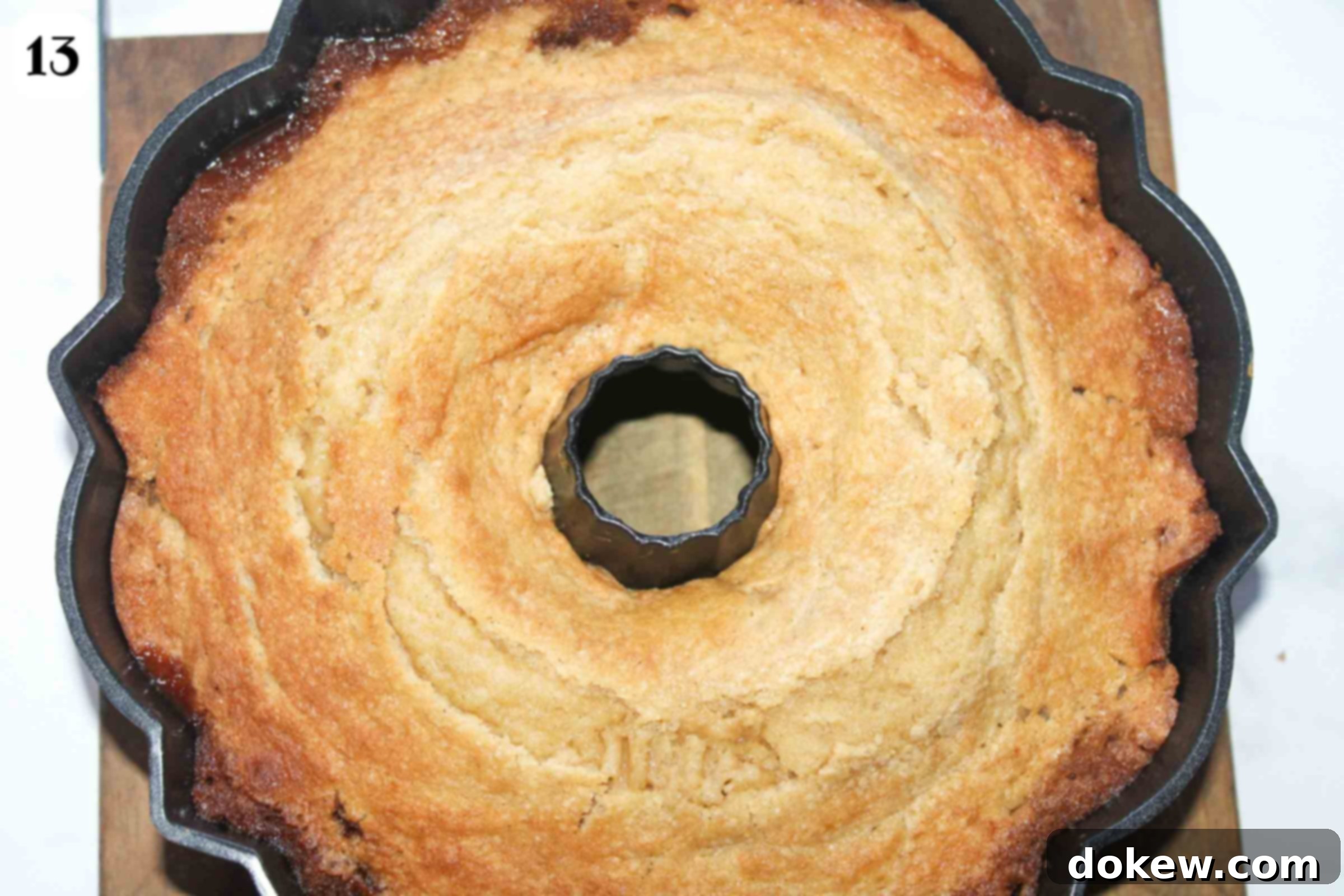 Golden Caramel Apple Bundt 9 Baked apple upside down cake still in pan.