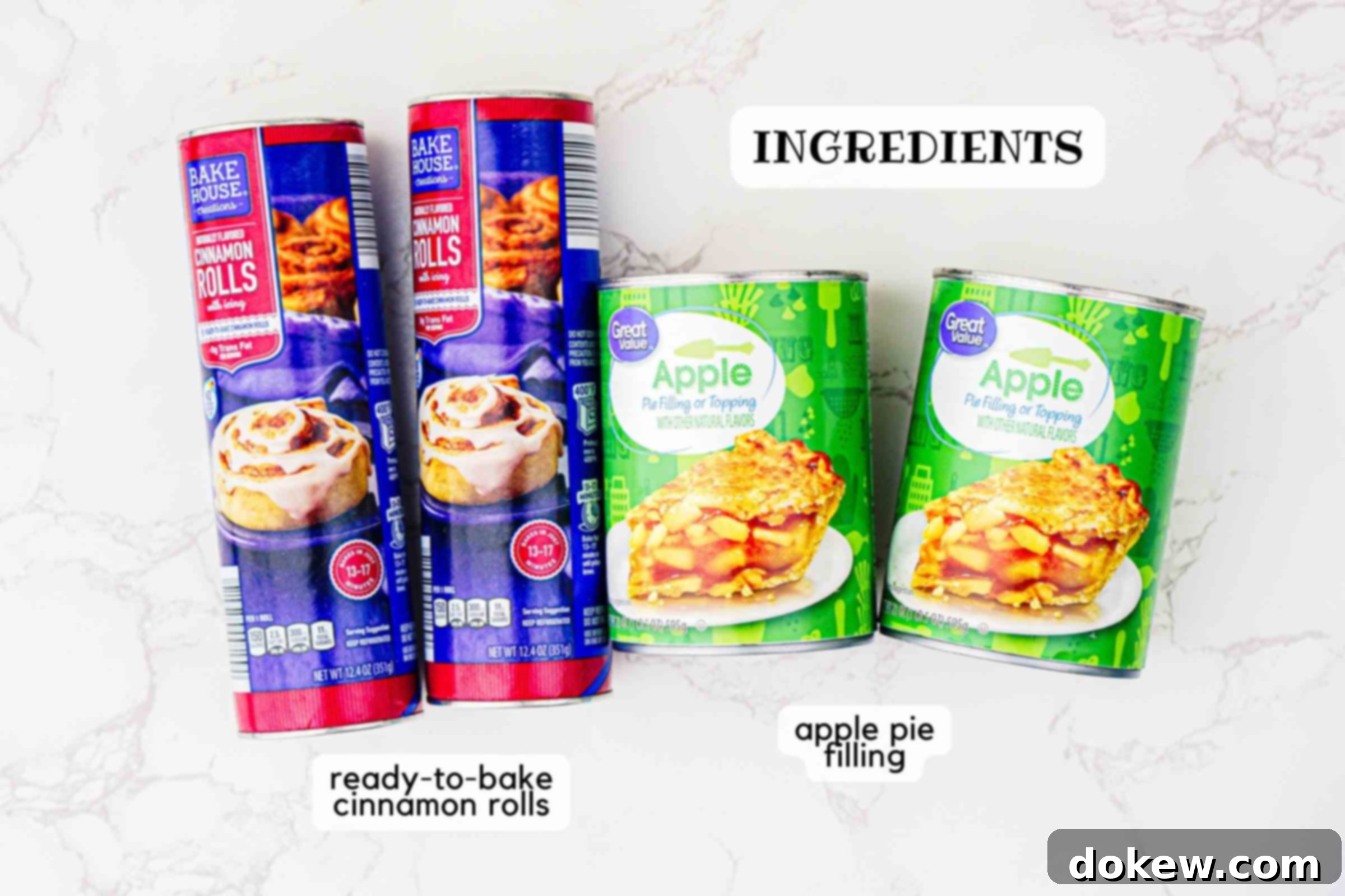 Simple Two-Ingredient Apple Cinnamon Delight 3 Two canisters of ready-to-bake cinnamon rolls and two cans of apple pie filling, neatly arranged as the core ingredients for this easy recipe.