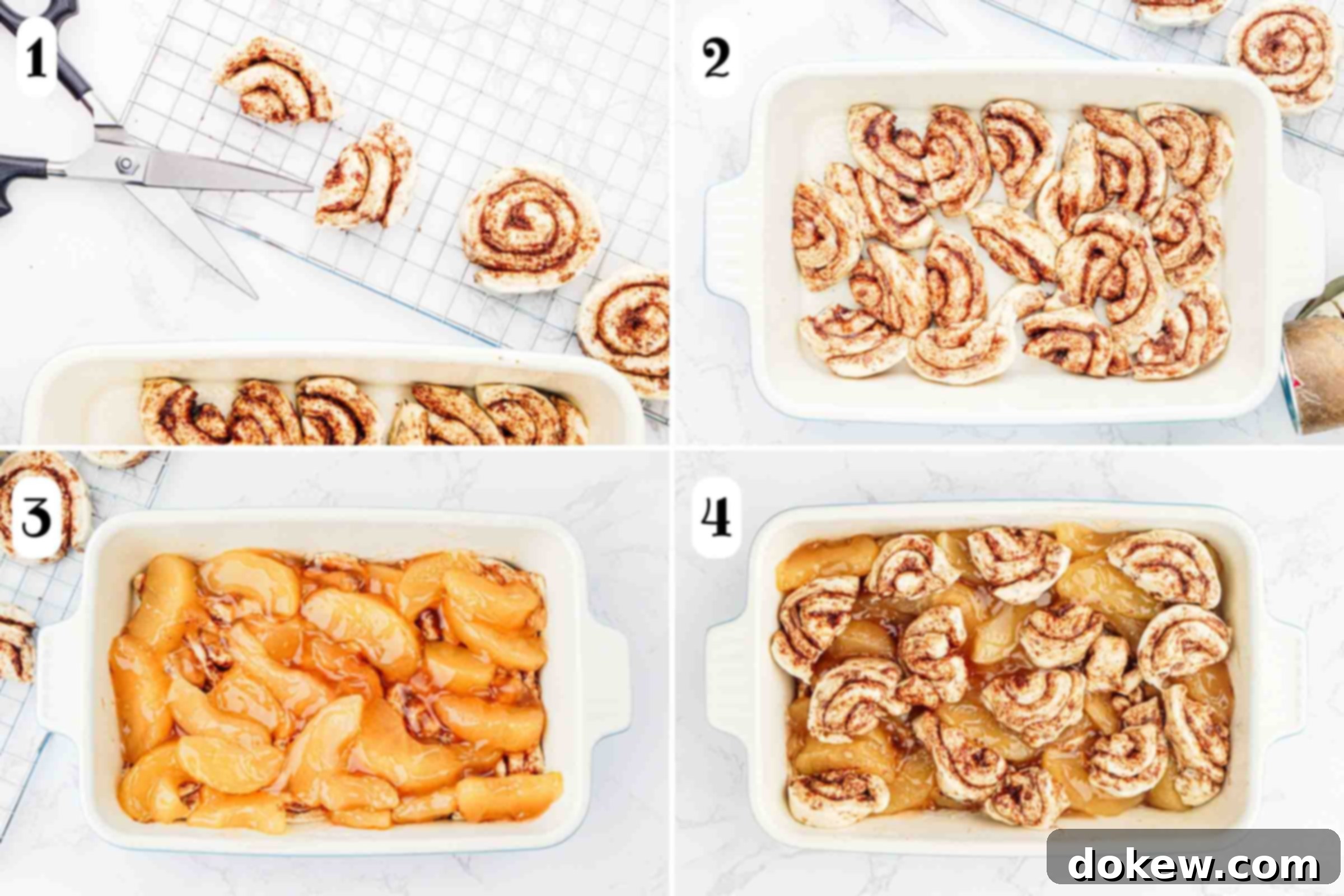 Simple Two-Ingredient Apple Cinnamon Delight 4 Composite image showing the assembly process: 1- cutting ready-to-bake cinnamon rolls in half; 2- placing cinnamon roll halves into a baking pan as the first layer; 3- the pan after adding a layer of apple pie filling over the rolls; 4- the pan after adding the second layer of cinnamon roll halves.