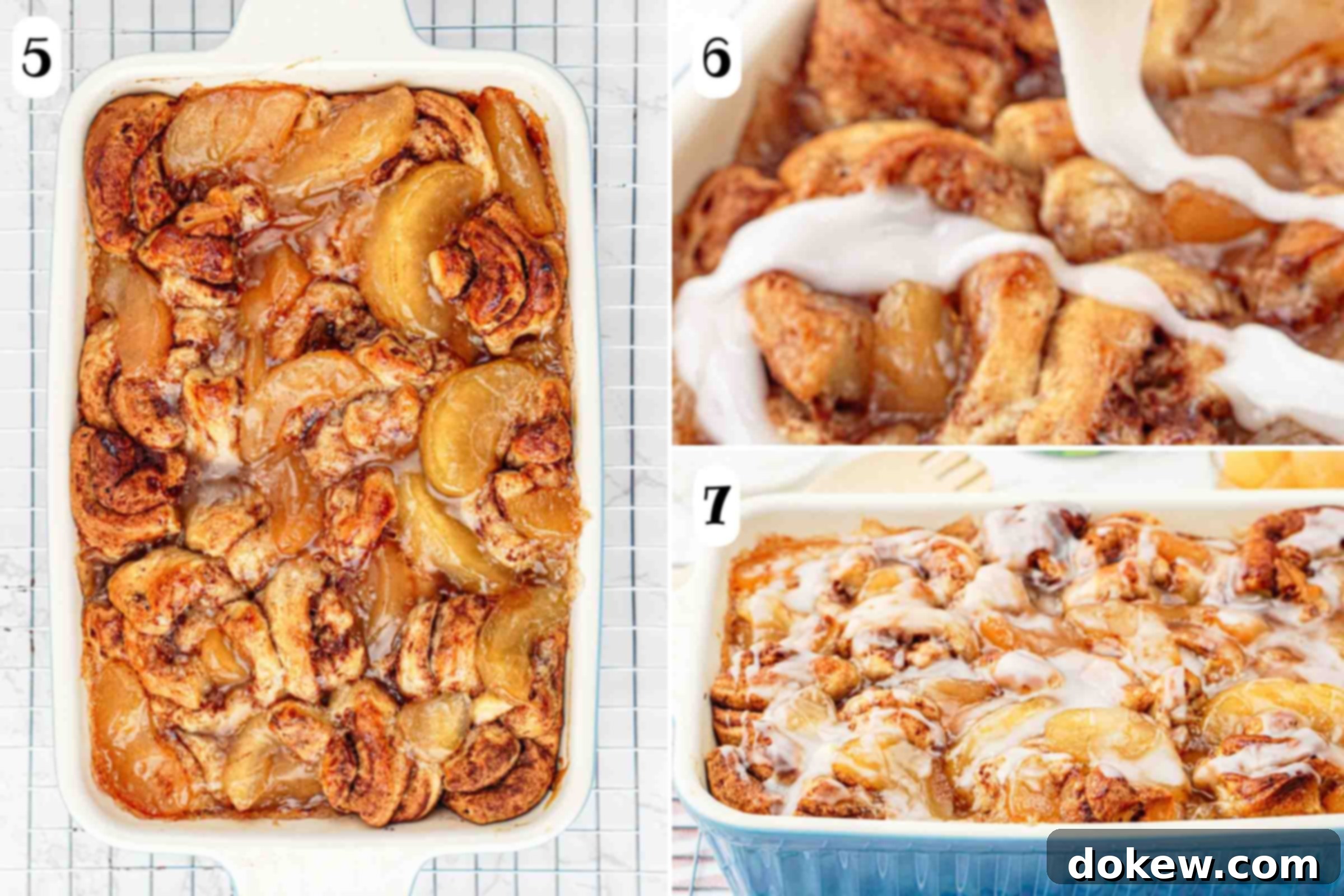 Simple Two-Ingredient Apple Cinnamon Delight 5 Composite image: 5- Apple cinnamon roll bake just out of the oven, golden brown and bubbly; 6- a hand drizzling white glaze generously over the warm bake; 7- the finished apple cinnamon roll bake with glaze beautifully drizzled and ready to serve.