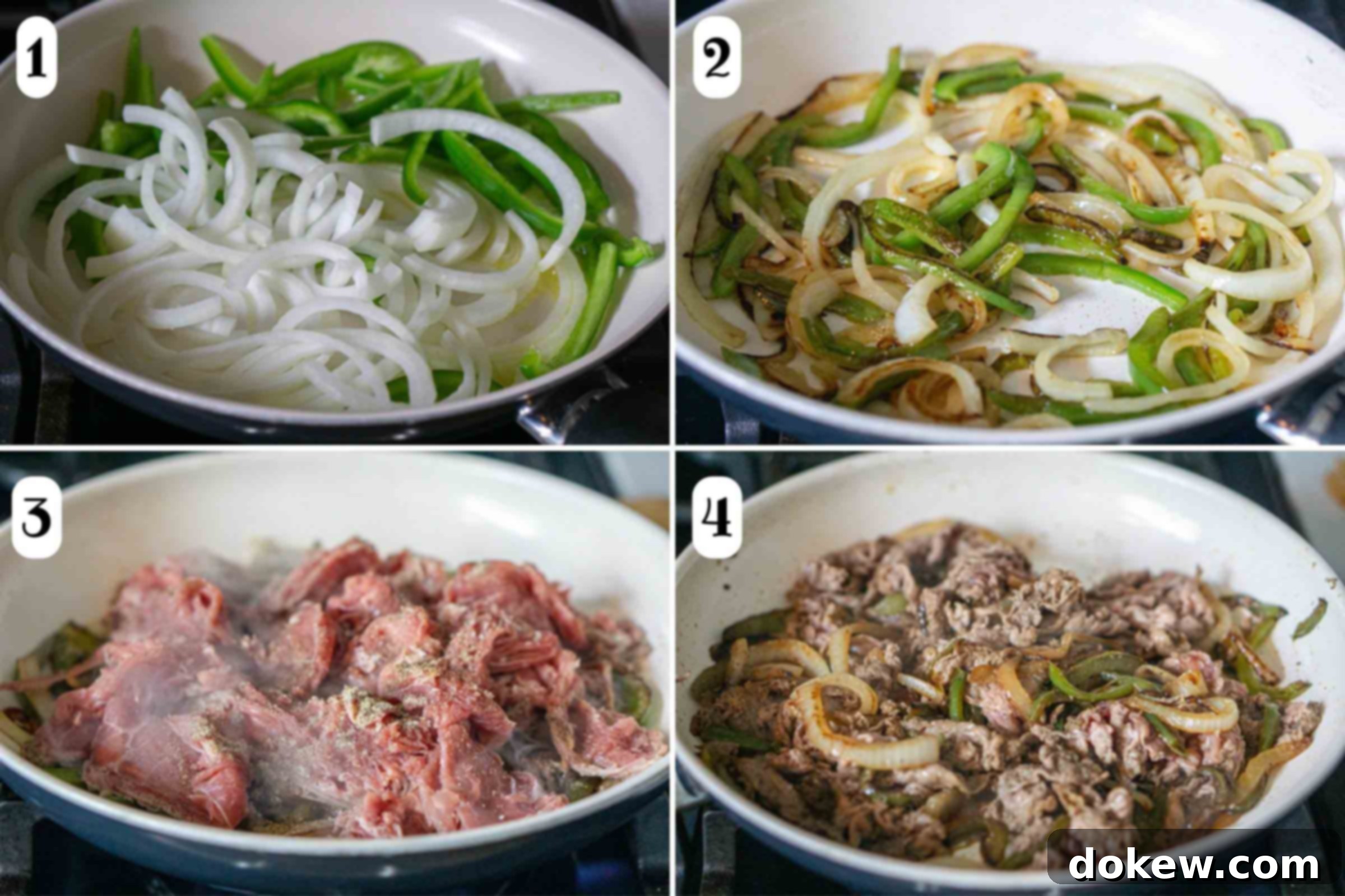 Classic Philly Cheesesteak Sliders 4 Composite image showing cooking steps: 1-sliced onion and green bell pepper in a pan with melted butter; 2- same after sautéing until starting to brown; 3- same after adding shaved beef steak; 4- same after beef is cooked through.