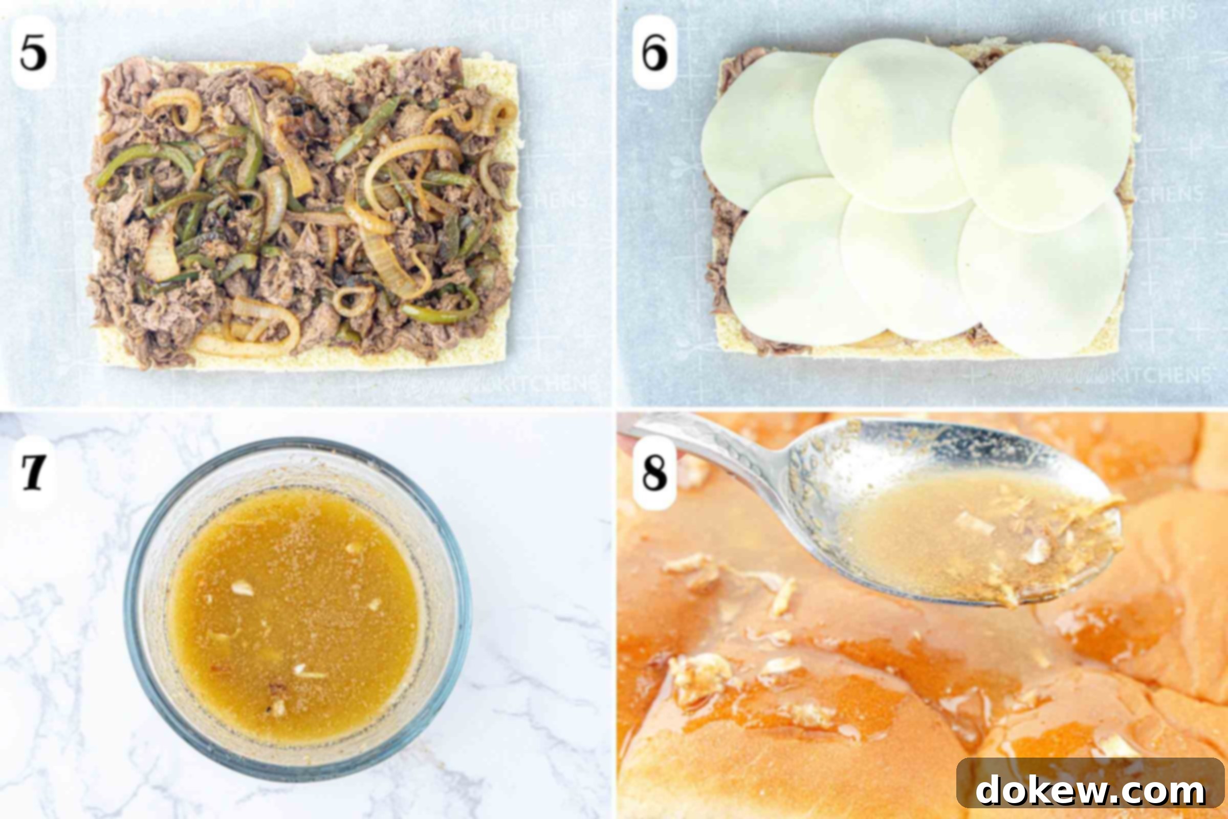 Classic Philly Cheesesteak Sliders 5 Composite image showing slider assembly: 5- cooked beef, onions, and peppers on top of Hawaiian rolls cut open crosswise; 6- same after adding provolone cheese slices; 7- bowl with melted butter and onion soup mix; 8- spooning butter mixture on top of tops of rolls.