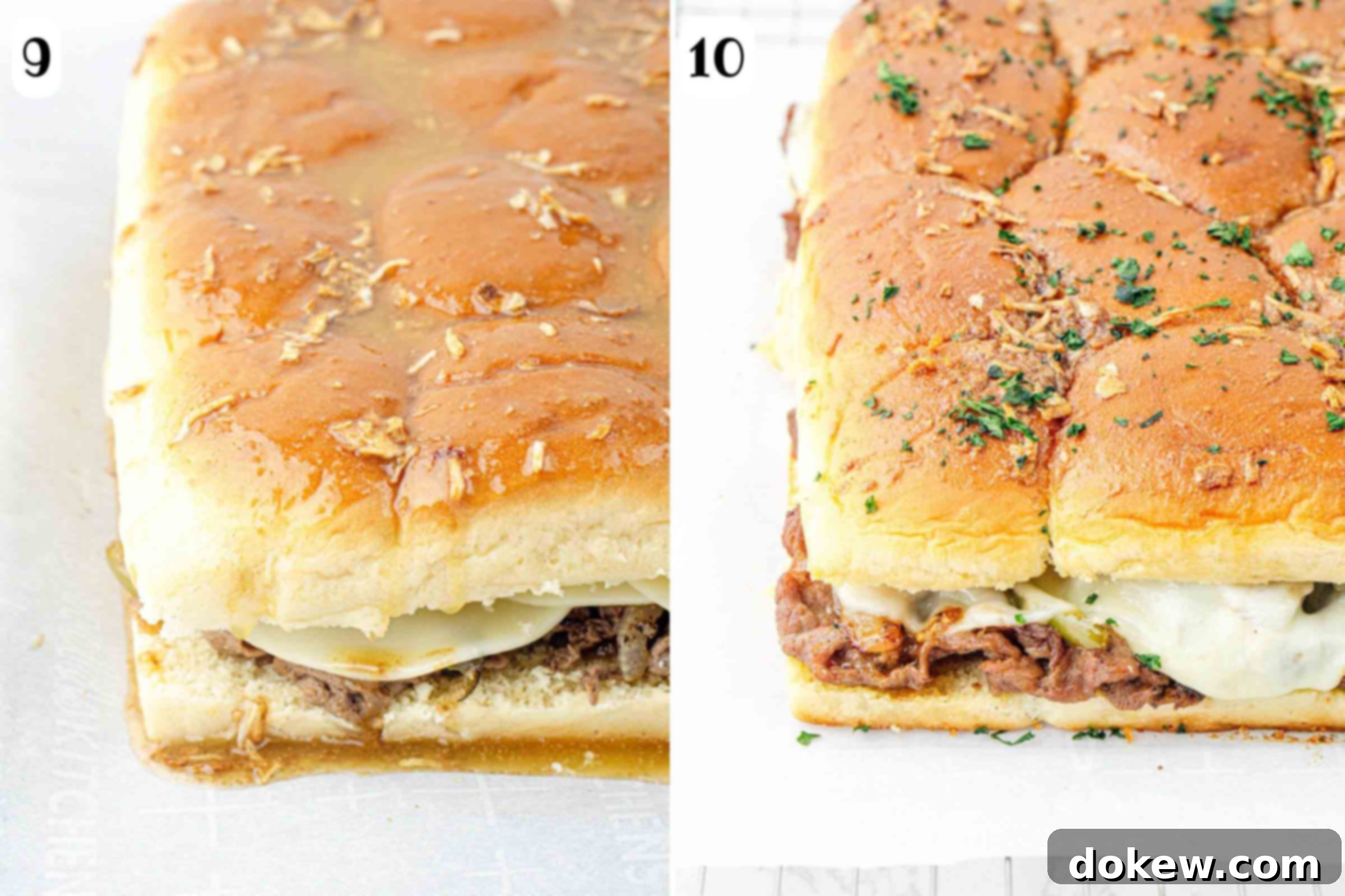 Classic Philly Cheesesteak Sliders 6 Composite image: 9- Philly cheesesteak sliders topped with butter and onion soup mixture before baking; 10- same after baking and garnishing with fresh parsley.
