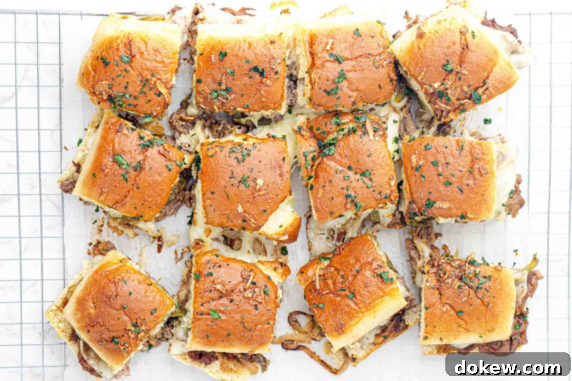 Classic Philly Cheesesteak Sliders 7 Philly cheesesteak sliders on parchment paper after baking.