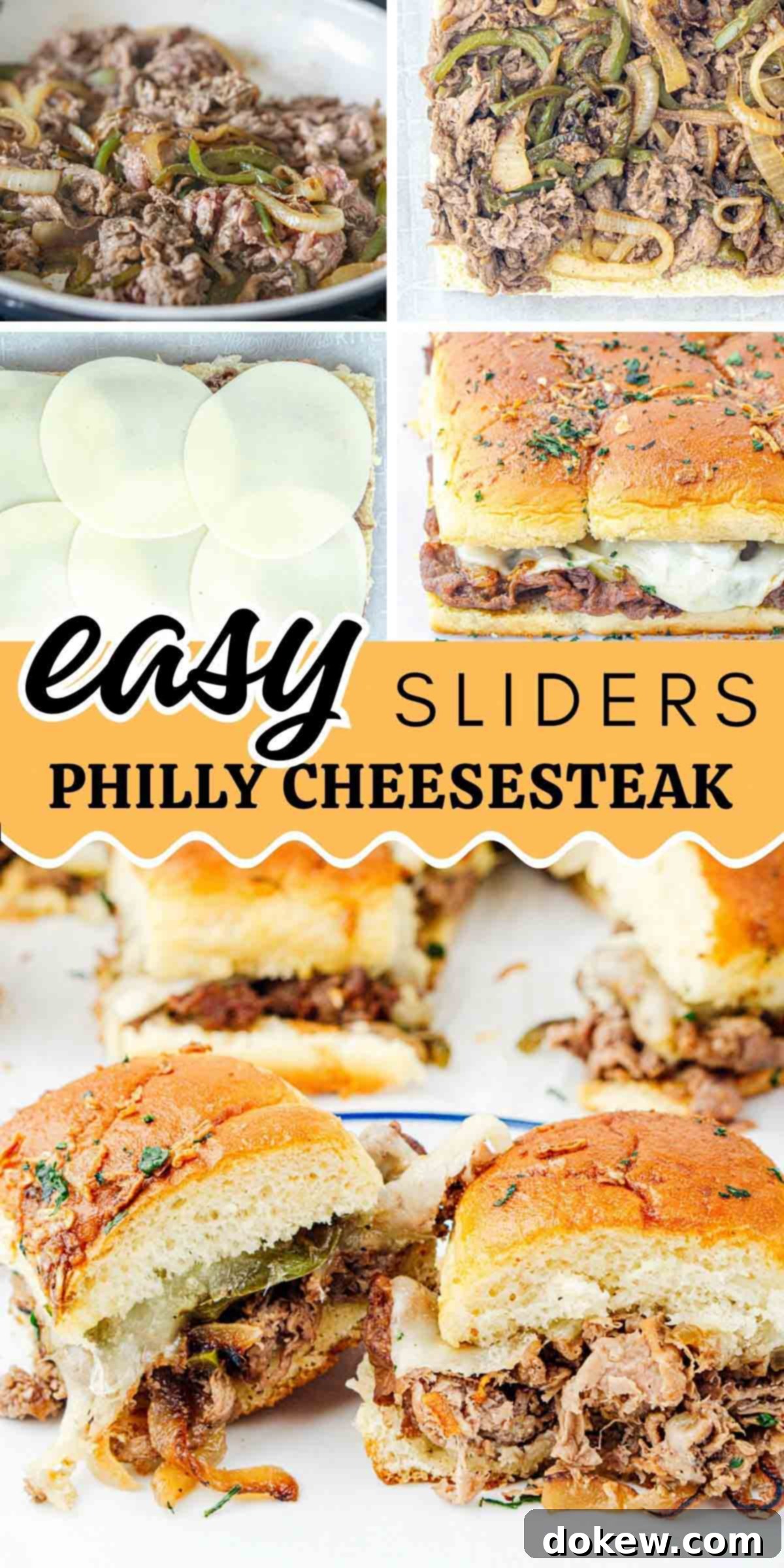 Classic Philly Cheesesteak Sliders 10 Composite image with prep photos for easy cheesesteak sliders, perfect for pinning.