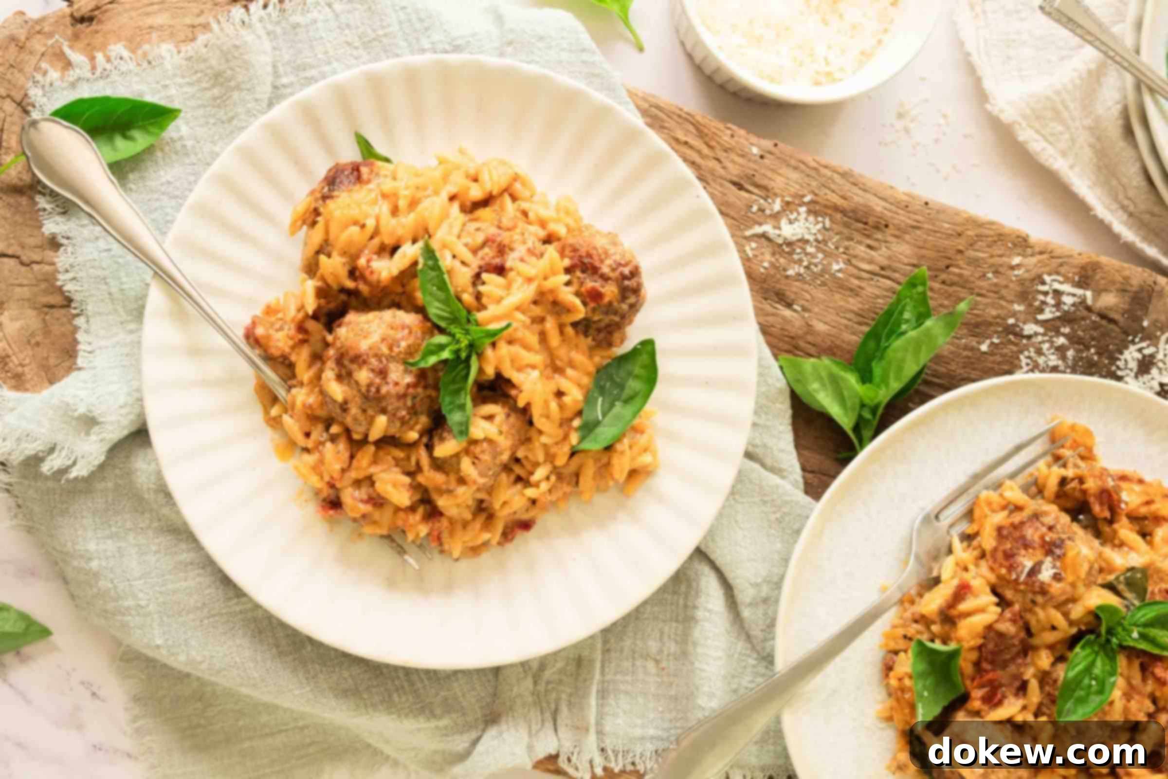 Hearty Tuscan Meatballs with Orzo 2 Plates of meatballs with orzo in a creamy sun-dried tomato sauce and garnished with fresh basil.