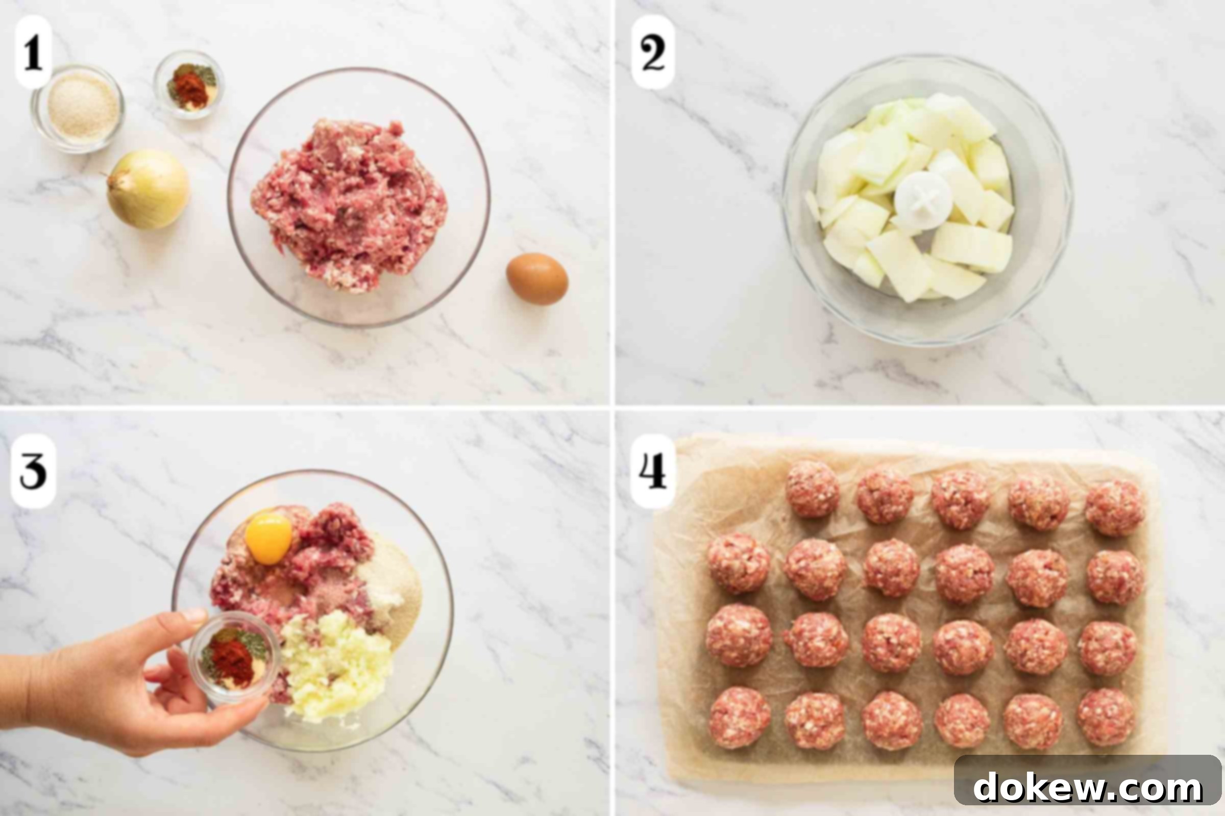 Hearty Tuscan Meatballs with Orzo 4 Composite image: 1- an onion, bread crumbs, herbs and spices, an egg, and ground meat before mixing; 2- chopped pieces of onion in a food processor; 3- the same ingredients in a bowl; 4- a pan showing 23 formed uncooked meatballs made with the mixture.