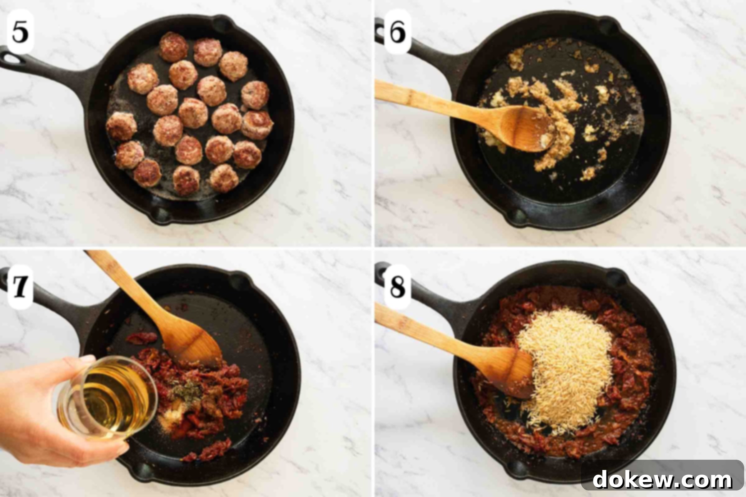 Hearty Tuscan Meatballs with Orzo 5 Composite image: 5- meatballs cooking in a cast iron skillet; 6- same skillet with meatballs removed and onions after processing in a food processor sautéing in the skillet; 7- same skillet with sun-dried tomatoes , herbs, and spices added and white wine being poured in; 8- same skillet after adding orzo pasta.