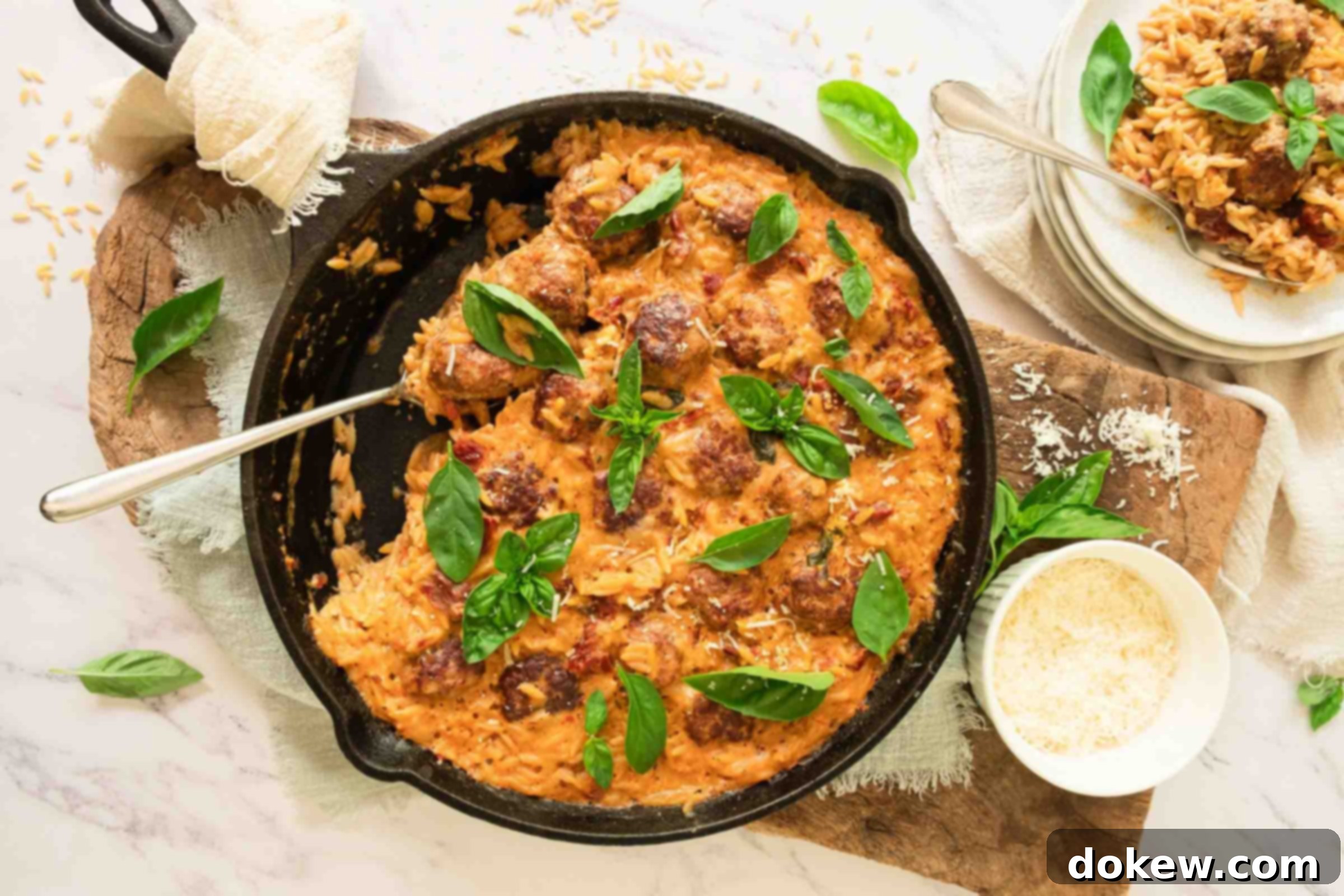 Hearty Tuscan Meatballs with Orzo 7 A cast iron skillet of meatballs with orzo in a creamy sun-dried tomato sauce and garnished with fresh basil.